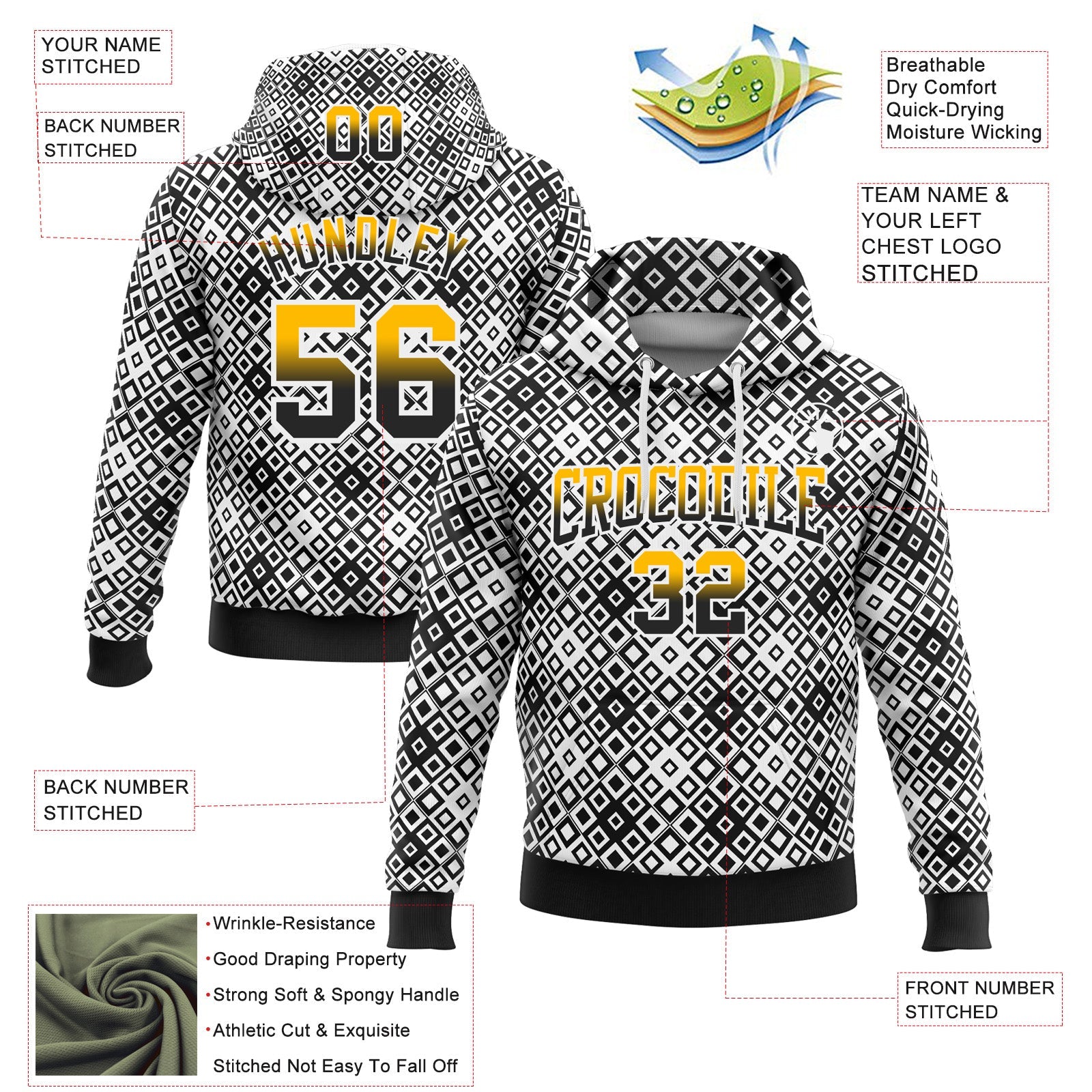 Custom Stitched White Gold-Black 3D Pattern Design Geometric Gradient Square Shapes Sports Pullover Sweatshirt Hoodie view 2