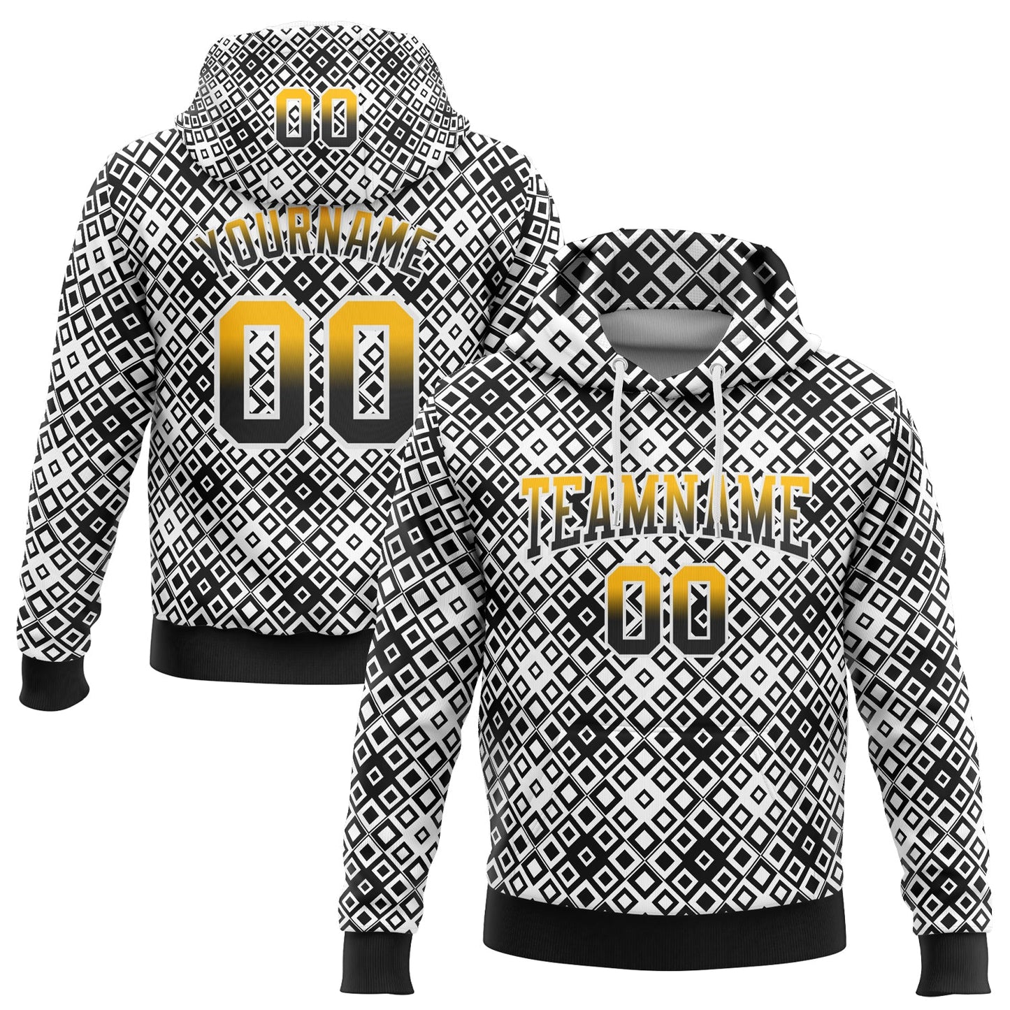 Custom Stitched White Gold-Black 3D Pattern Design Geometric Gradient Square Shapes Sports Pullover Sweatshirt Hoodie - Main View
