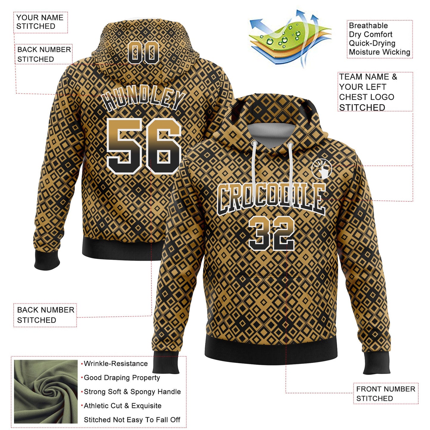 Custom Stitched Old Gold Black-White 3D Pattern Design Geometric Gradient Square Shapes Sports Pullover Sweatshirt Hoodie view 2