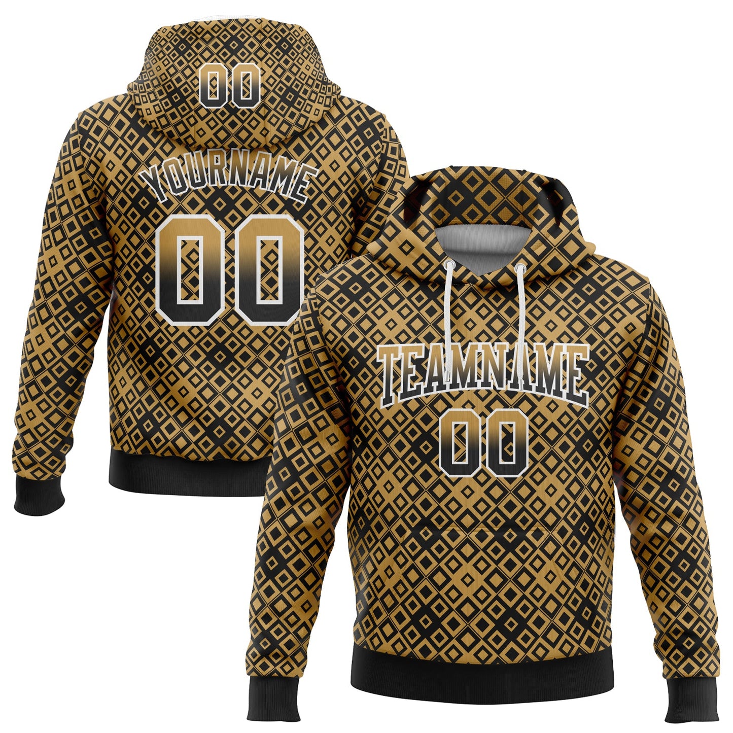 Custom Stitched Old Gold Black-White 3D Pattern Design Geometric Gradient Square Shapes Sports Pullover Sweatshirt Hoodie - Main View