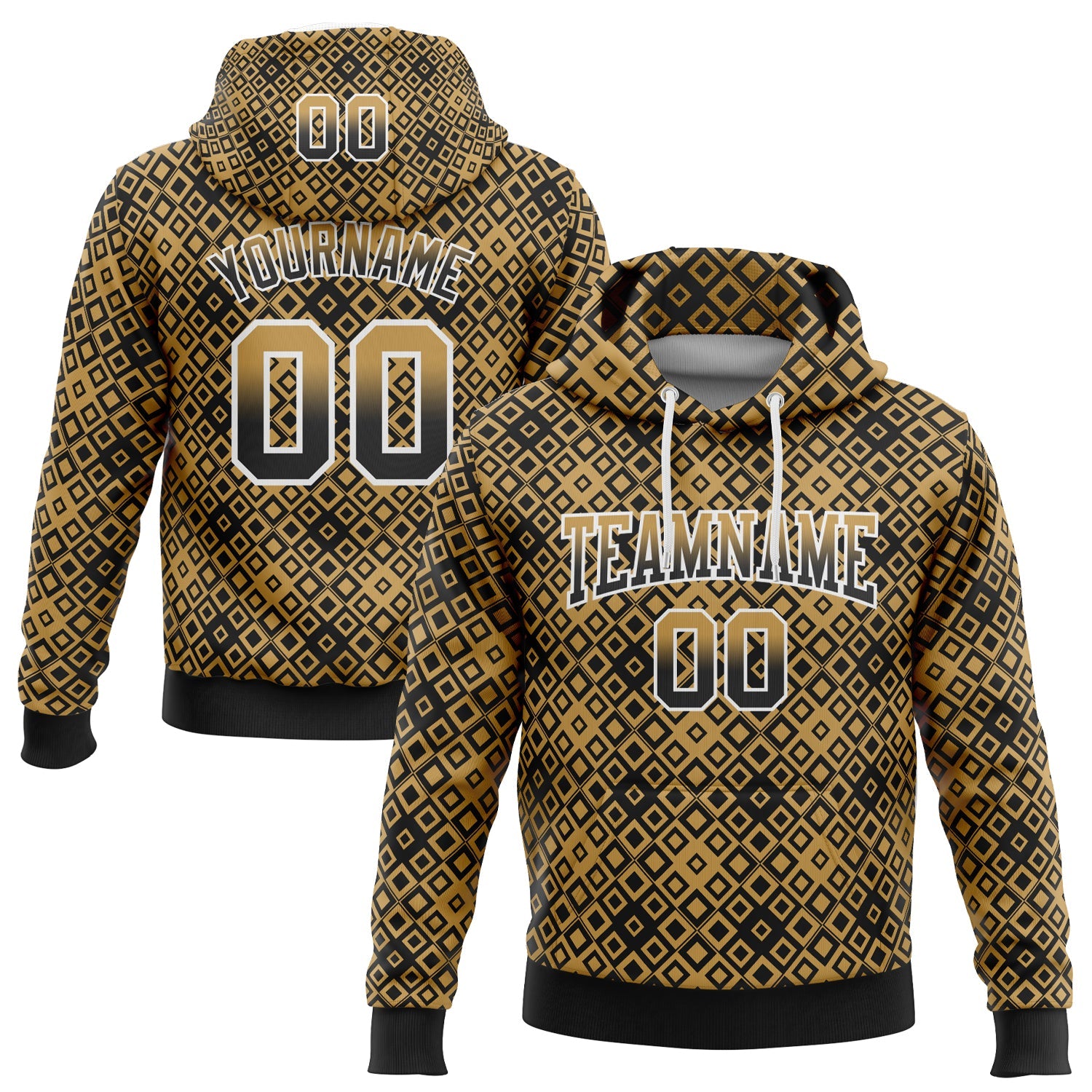 Custom Stitched Old Gold Black-White 3D Pattern Design Geometric Gradient Square Shapes Sports Pullover Sweatshirt Hoodie - Main View