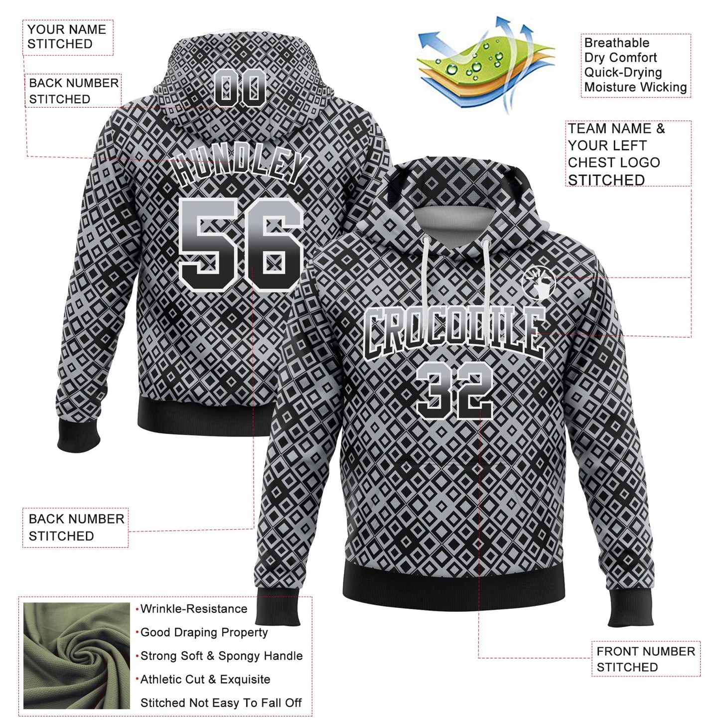 Custom Stitched Gray Black-White 3D Pattern Design Geometric Gradient Square Shapes Sports Pullover Sweatshirt Hoodie view 2