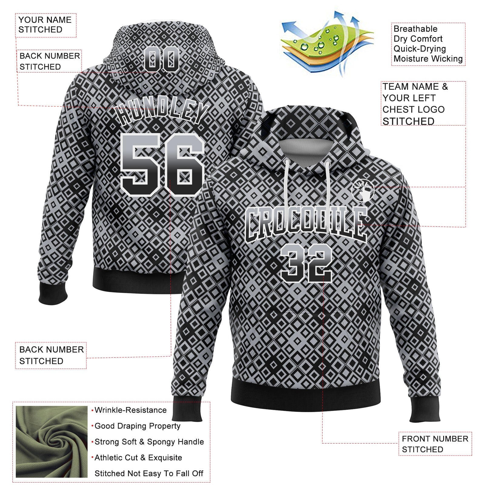 Custom Stitched Gray Black-White 3D Pattern Design Geometric Gradient Square Shapes Sports Pullover Sweatshirt Hoodie view 2