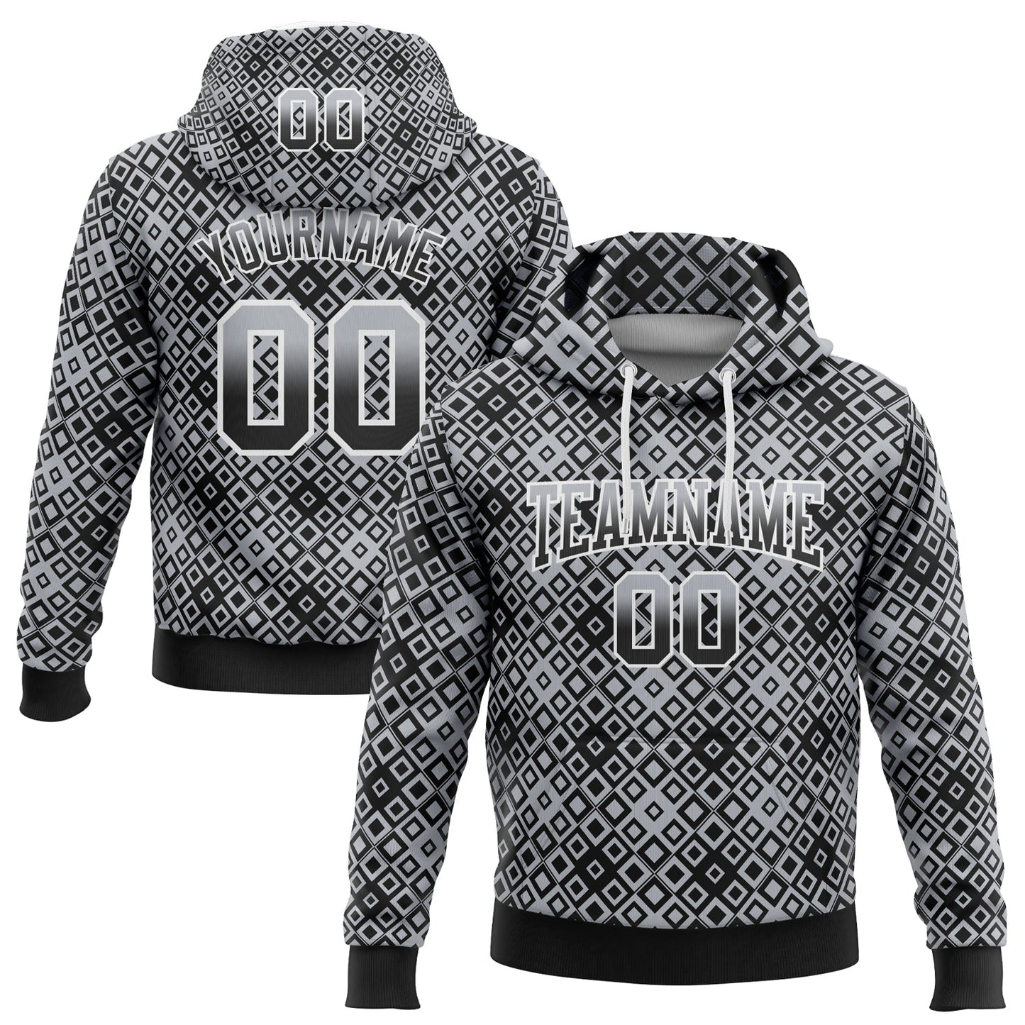 Custom Stitched Gray Black-White 3D Pattern Design Geometric Gradient Square Shapes Sports Pullover Sweatshirt Hoodie - Main View