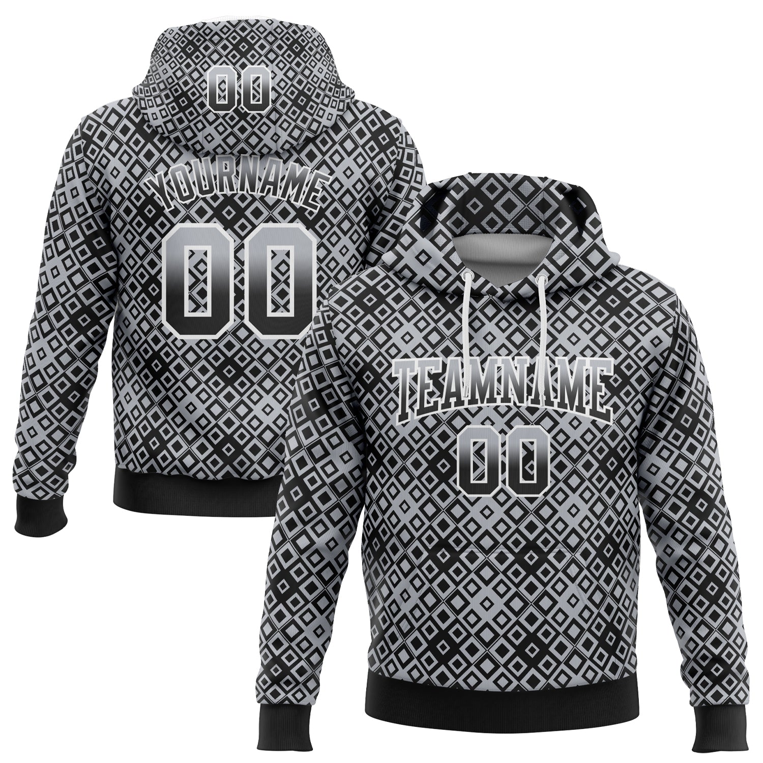 Custom Stitched Gray Black-White 3D Pattern Design Geometric Gradient Square Shapes Sports Pullover Sweatshirt Hoodie - Main View