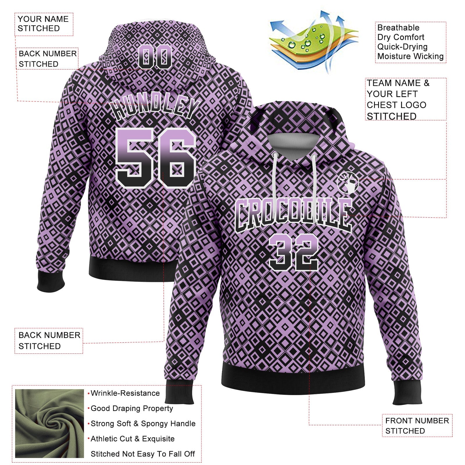 Custom Stitched Light Purple Black-White 3D Pattern Design Geometric Gradient Square Shapes Sports Pullover Sweatshirt Hoodie view 2