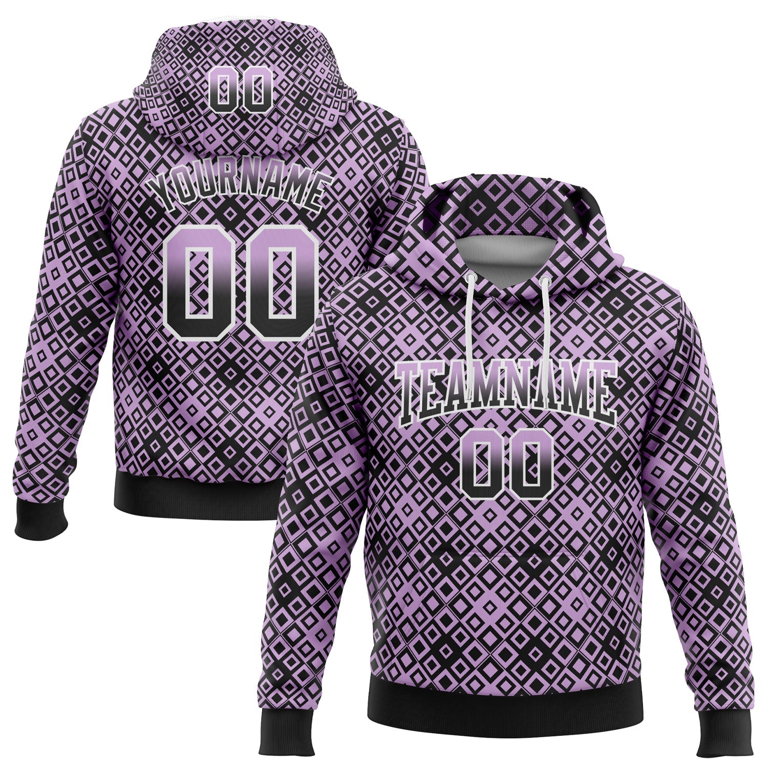 Custom Stitched Light Purple Black-White 3D Pattern Design Geometric Gradient Square Shapes Sports Pullover Sweatshirt Hoodie - Main View
