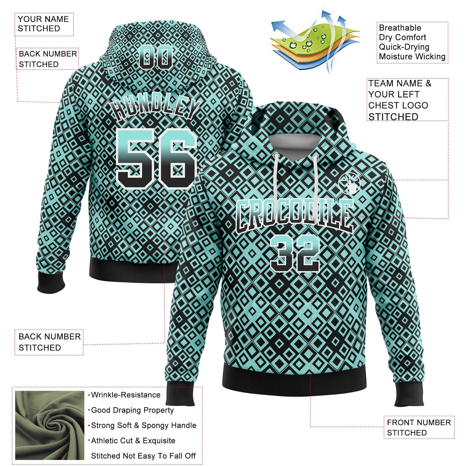 Custom Stitched Ice Blue Black-White 3D Pattern Design Geometric Gradient Square Shapes Sports Pullover Sweatshirt Hoodie view 2