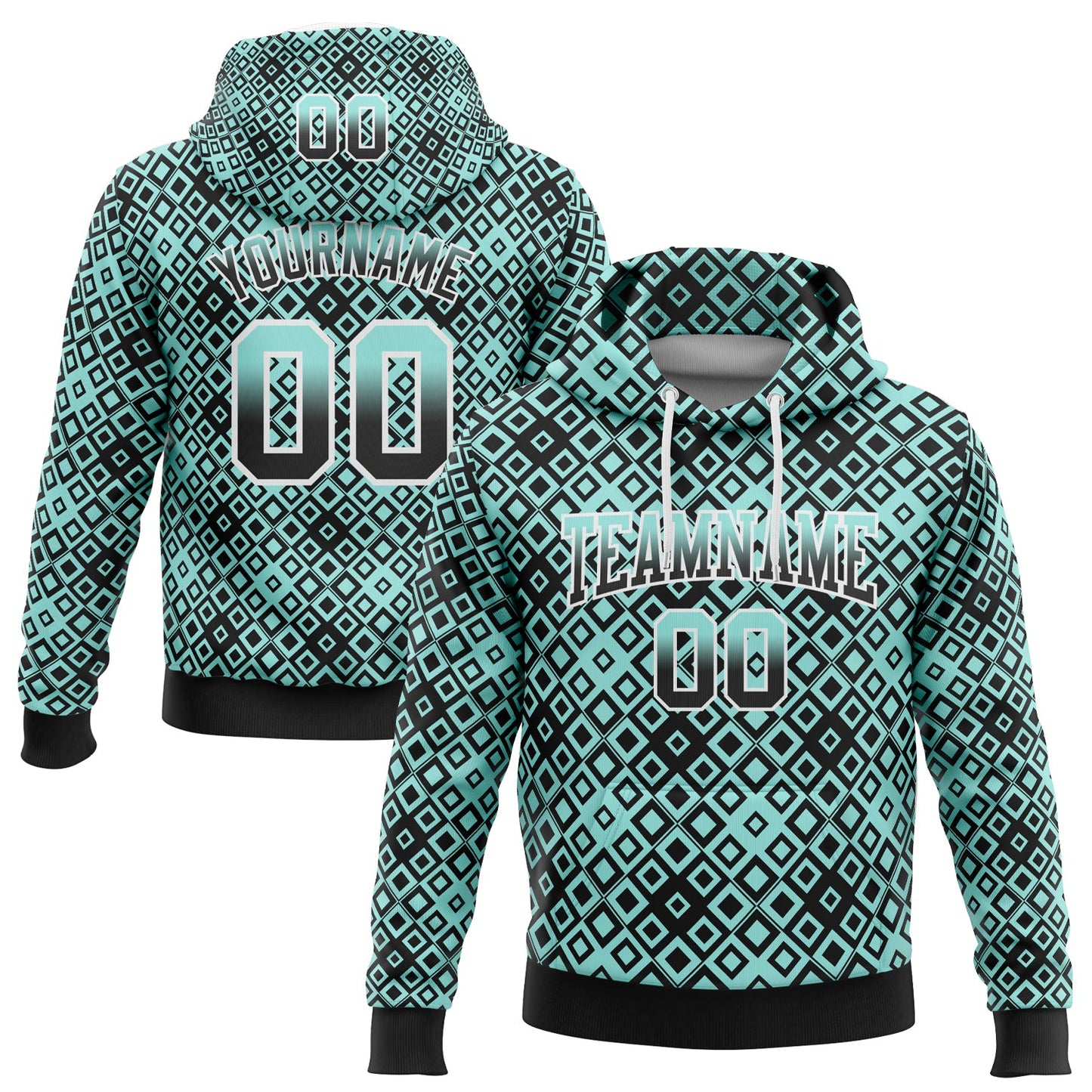 Custom Stitched Ice Blue Black-White 3D Pattern Design Geometric Gradient Square Shapes Sports Pullover Sweatshirt Hoodie - Main View