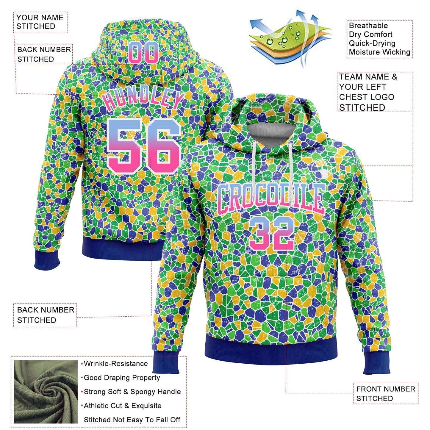 Custom Stitched Green Light Blue Pink-Royal Fade 3D Pattern Design Geometric Shapes Sports Pullover Sweatshirt Hoodie view 2