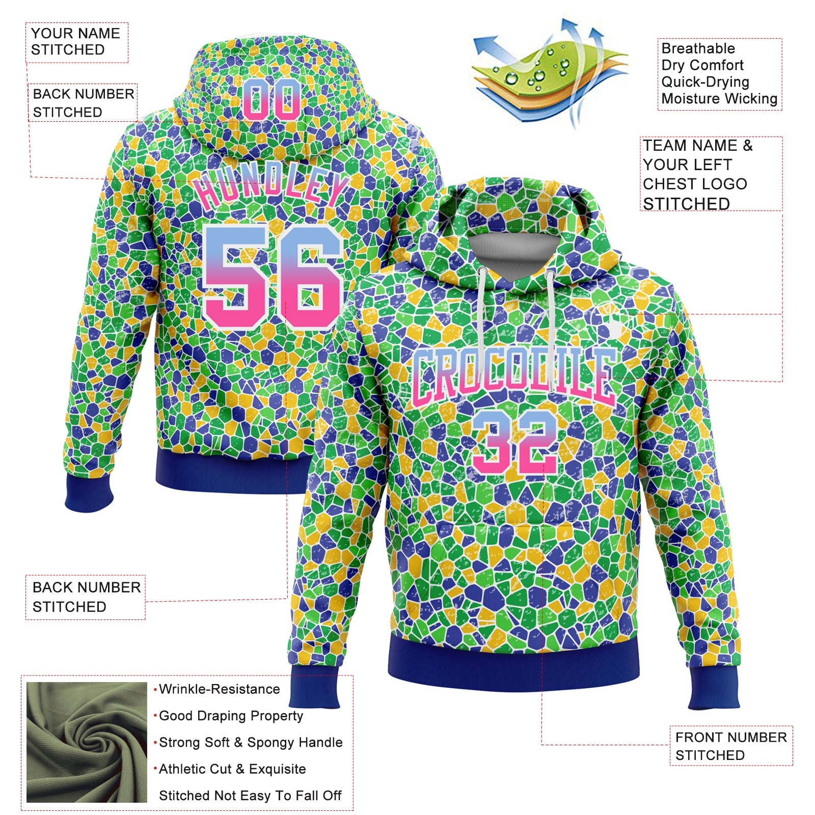 Custom Stitched Green Light Blue Pink-Royal Fade 3D Pattern Design Geometric Shapes Sports Pullover Sweatshirt Hoodie view 2