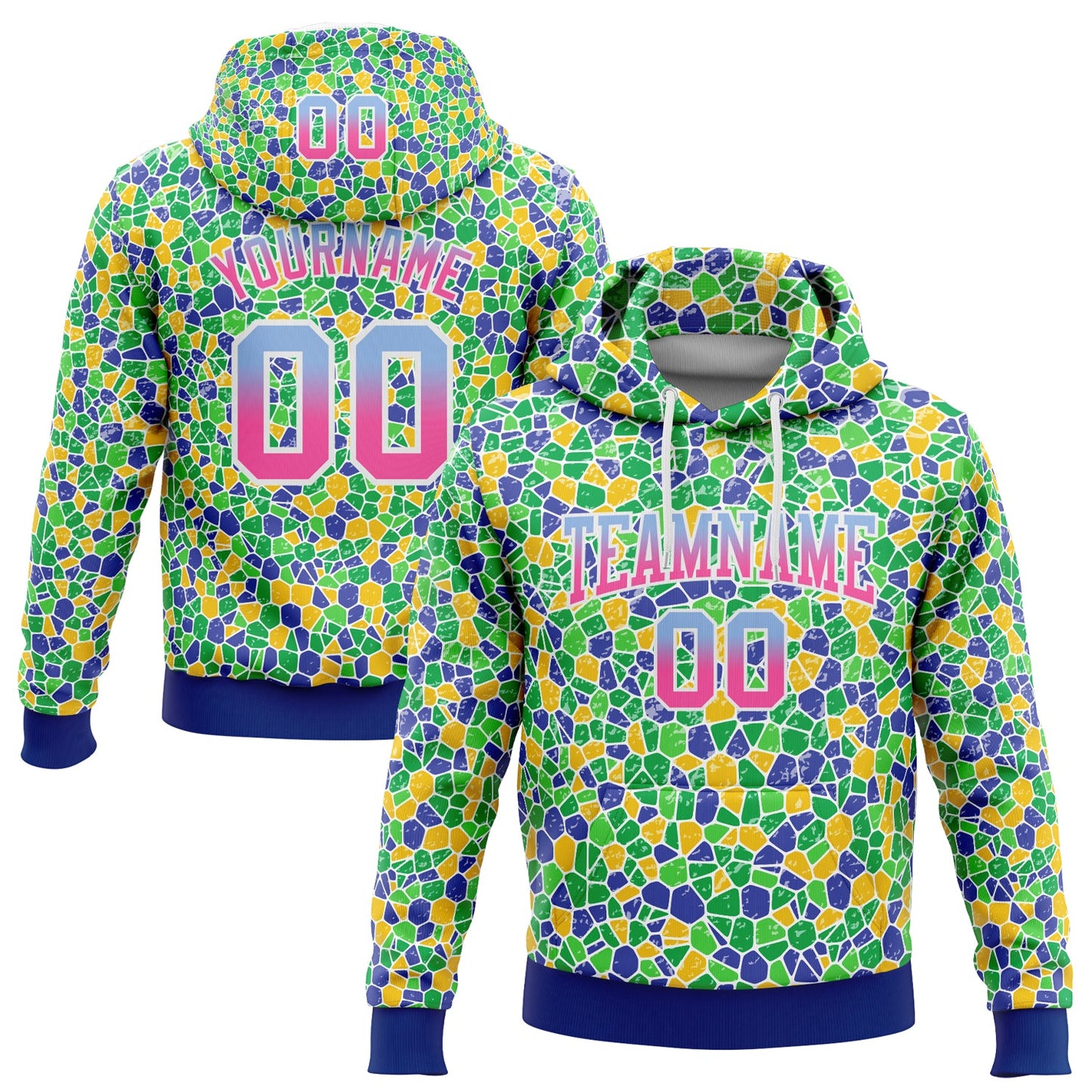 Custom Stitched Green Light Blue Pink-Royal Fade 3D Pattern Design Geometric Shapes Sports Pullover Sweatshirt Hoodie - Main View