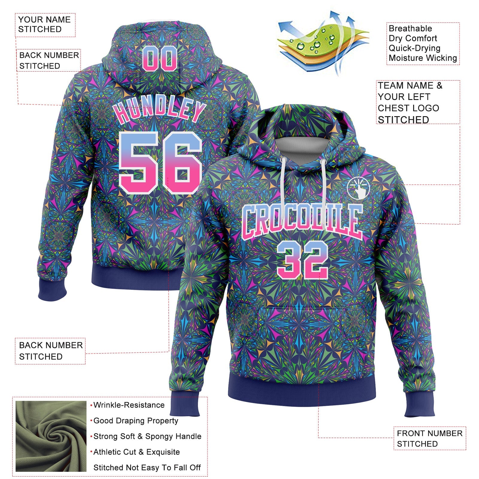 Custom Stitched Royal Light Blue-Pink Fade 3D Pattern Design Geometric Fractal Shapes Sports Pullover Sweatshirt Hoodie view 2