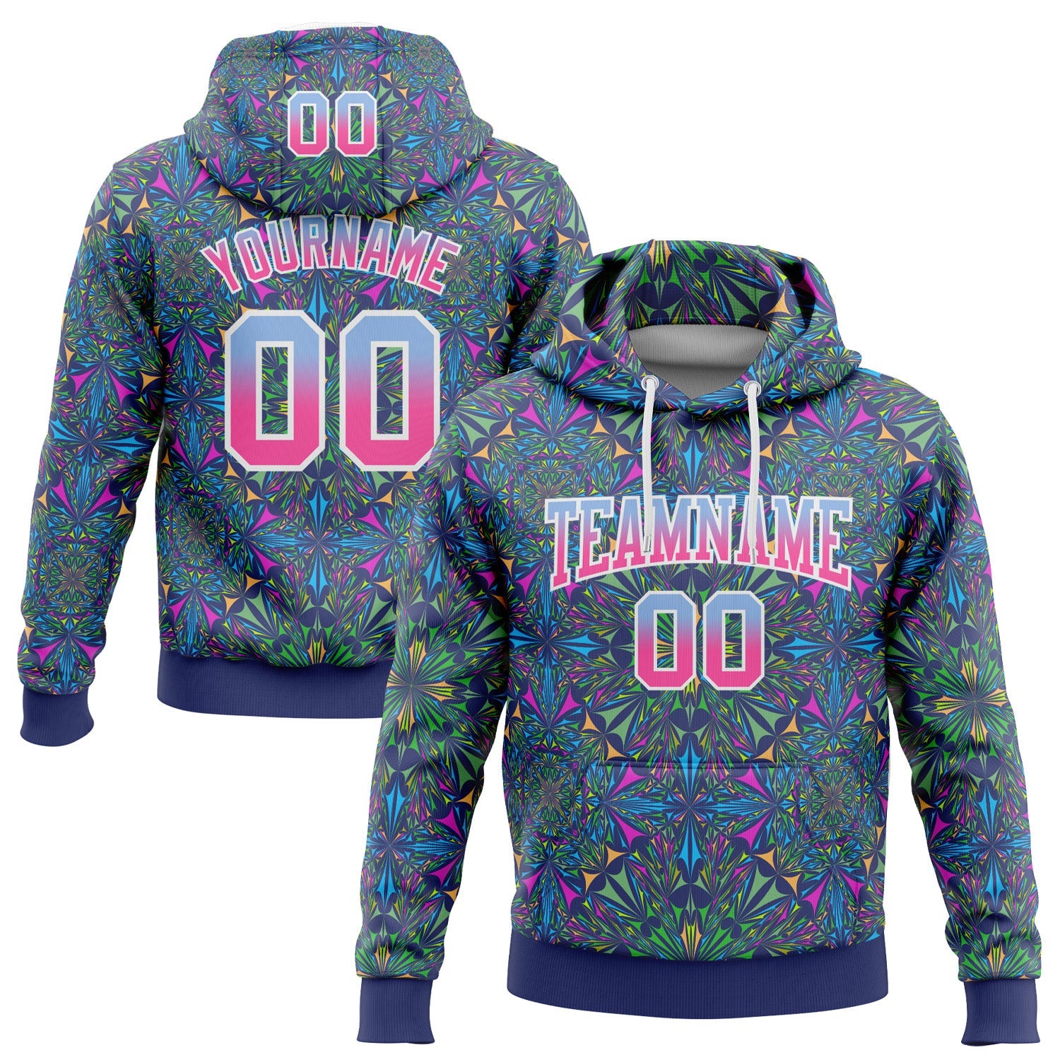 Custom Stitched Royal Light Blue-Pink Fade 3D Pattern Design Geometric Fractal Shapes Sports Pullover Sweatshirt Hoodie - Main View