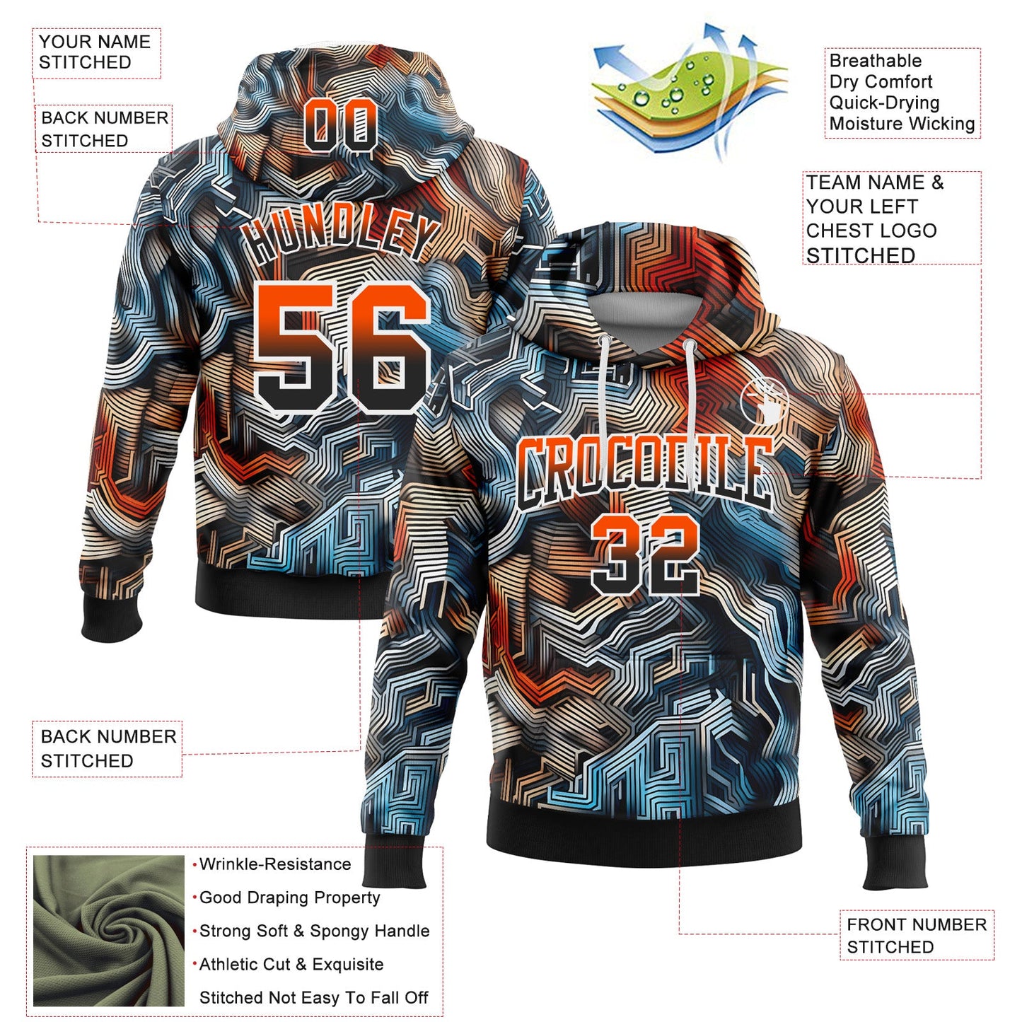 Custom Stitched Black Orange-White Fade 3D Pattern Design Colorful Line Shapes Sports Pullover Sweatshirt Hoodie view 2