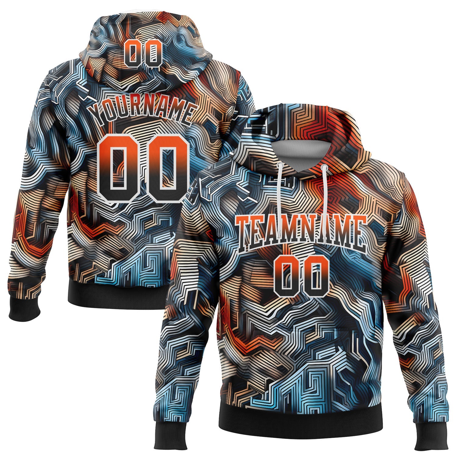 Custom Stitched Black Orange-White Fade 3D Pattern Design Colorful Line Shapes Sports Pullover Sweatshirt Hoodie - Main View