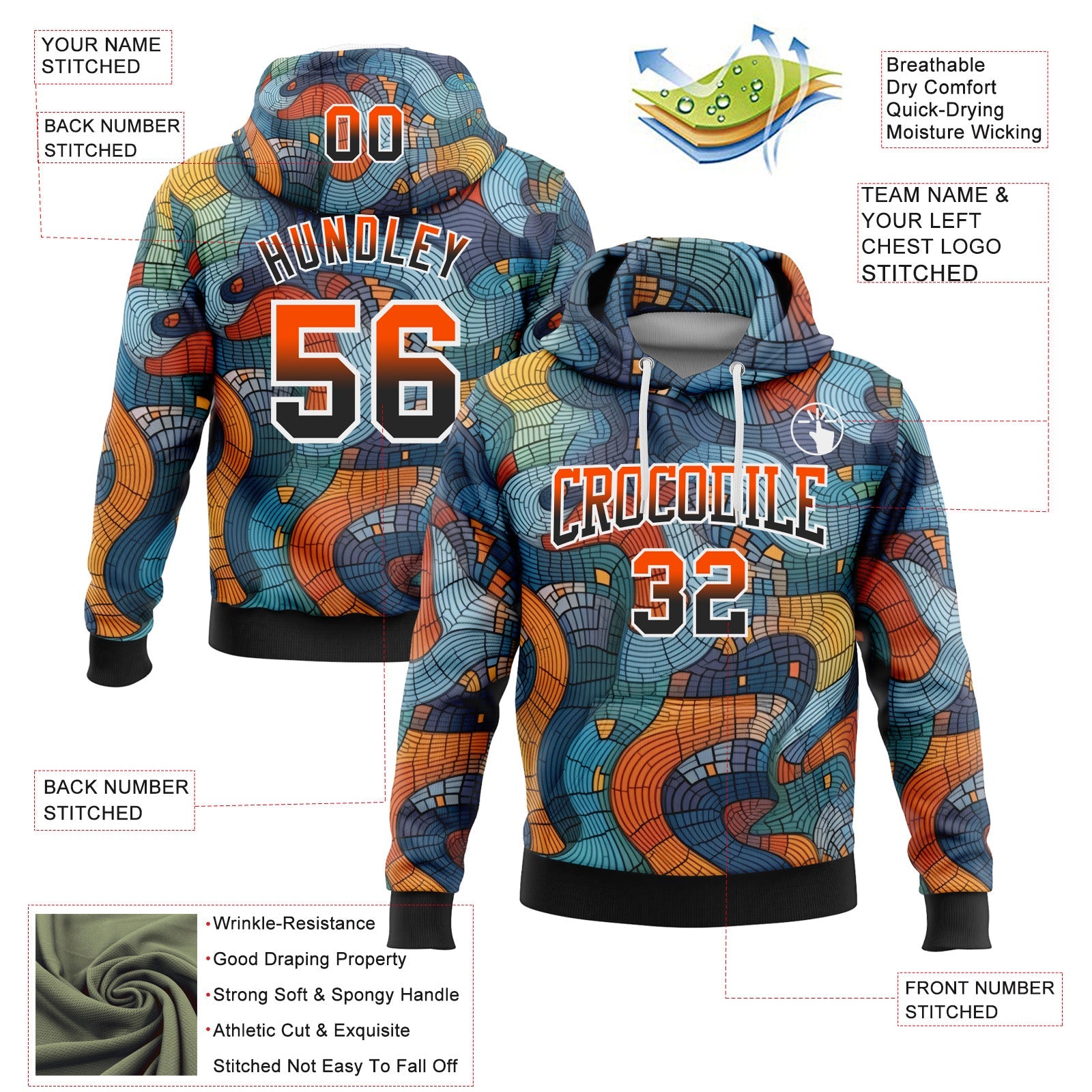 Custom Stitched Black Orange-White Fade 3D Pattern Design Colorful Curve Shapes Sports Pullover Sweatshirt Hoodie view 2