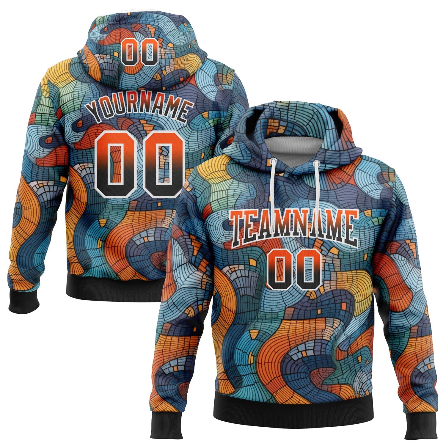 Custom Stitched Black Orange-White Fade 3D Pattern Design Colorful Curve Shapes Sports Pullover Sweatshirt Hoodie - Main View