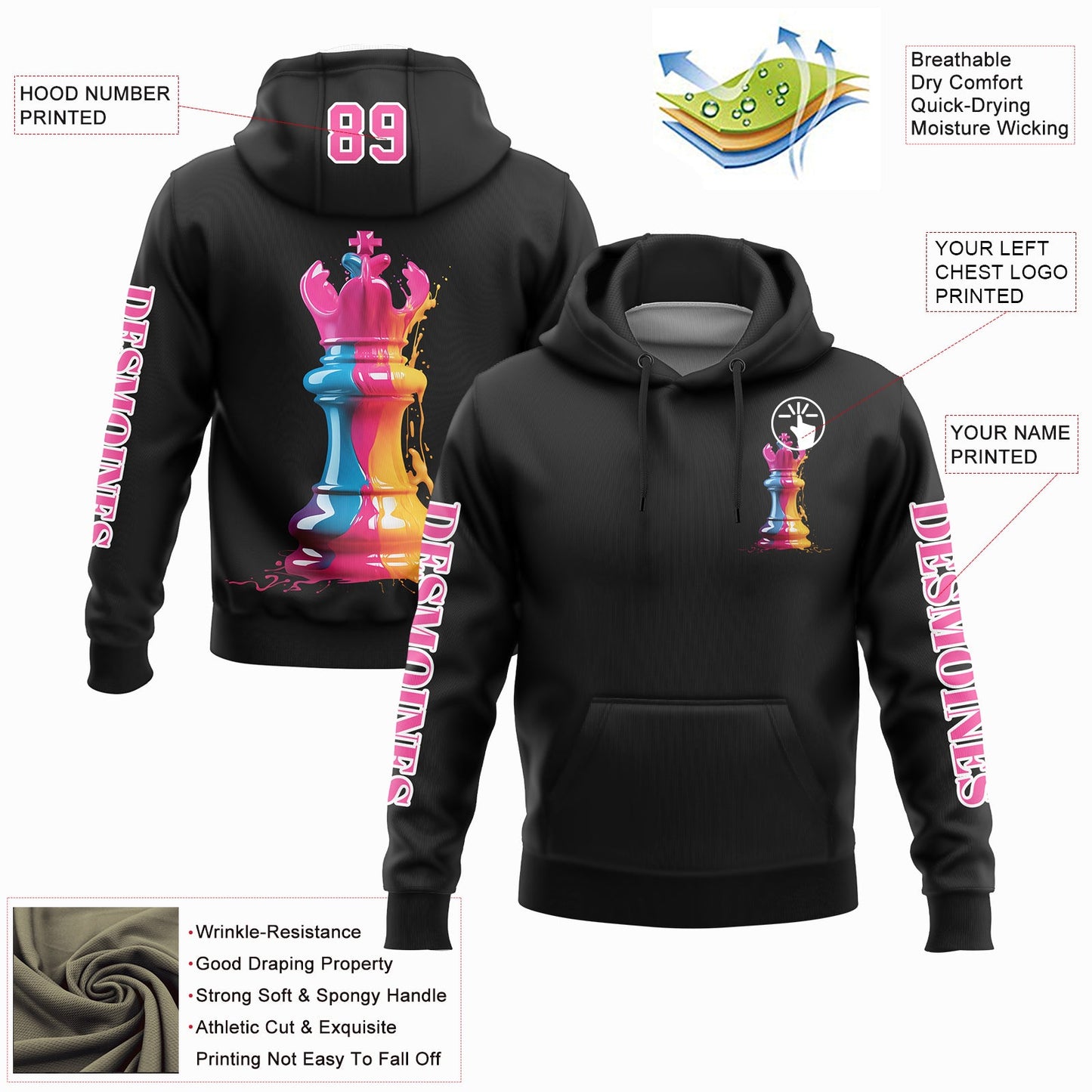 Custom Black Pink-White 3D Watercolor Chess Piece International Chess Day Sports Pullover Sweatshirt Hoodie view 2