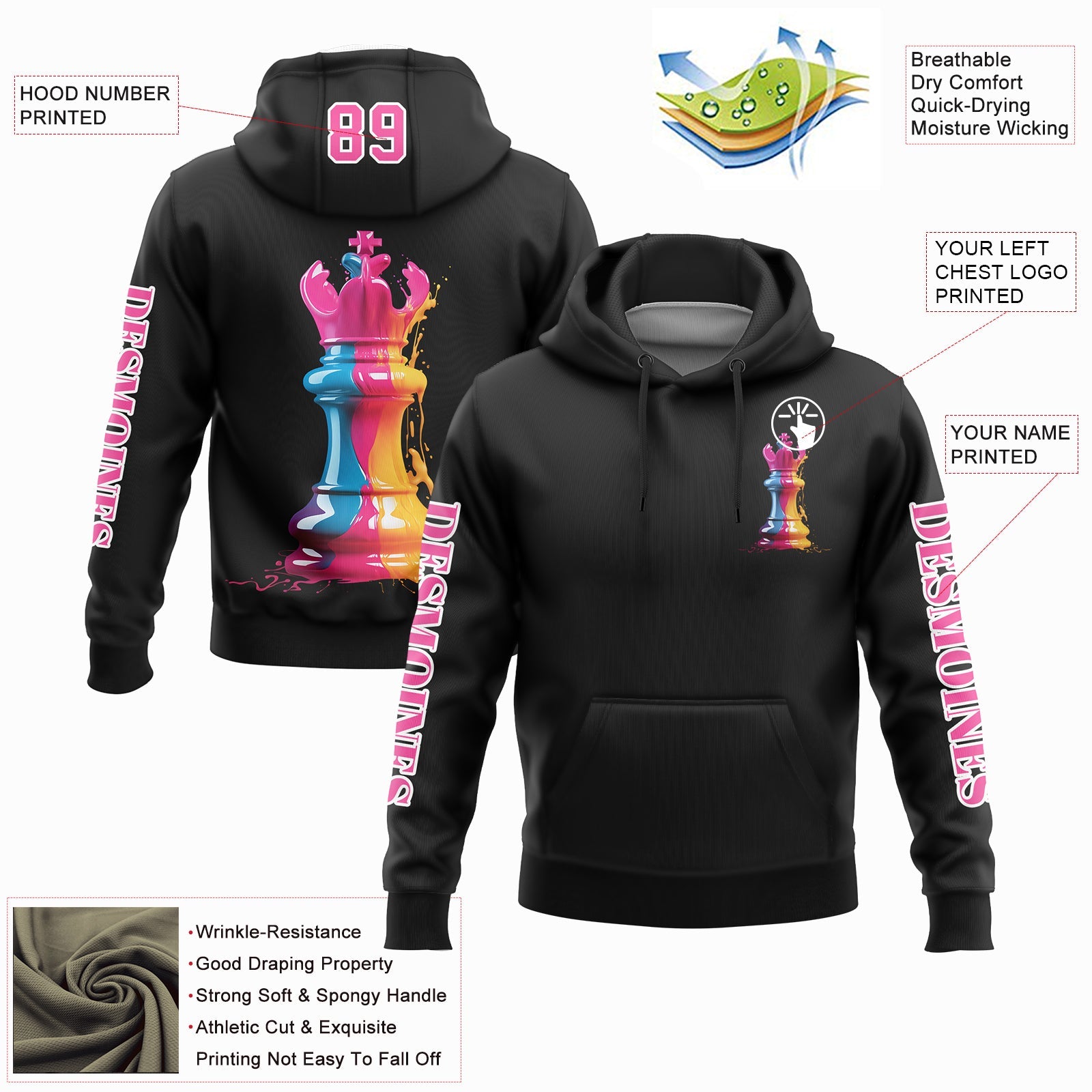 Custom Black Pink-White 3D Watercolor Chess Piece International Chess Day Sports Pullover Sweatshirt Hoodie view 2