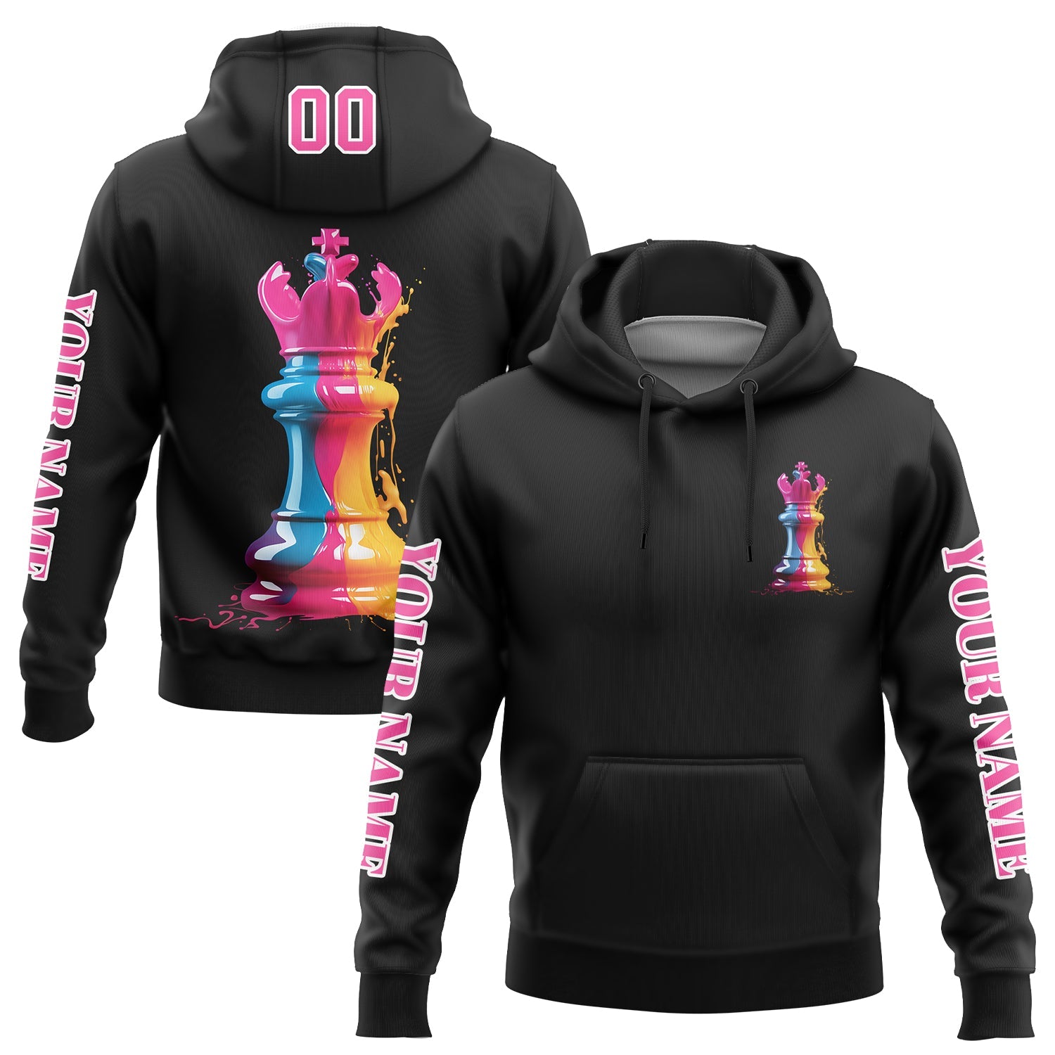 Custom Black Pink-White 3D Watercolor Chess Piece International Chess Day Sports Pullover Sweatshirt Hoodie - Main View