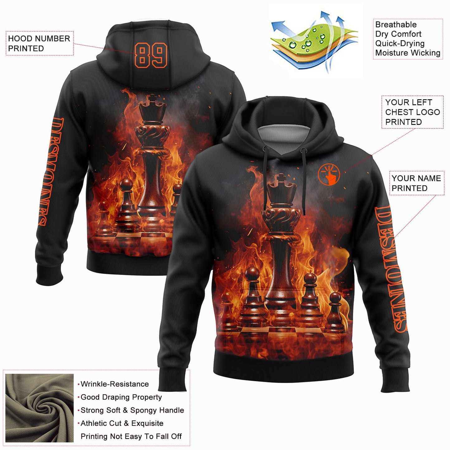 Custom Black Orange 3D Flame Chess International Chess Day Sports Pullover Sweatshirt Hoodie view 2