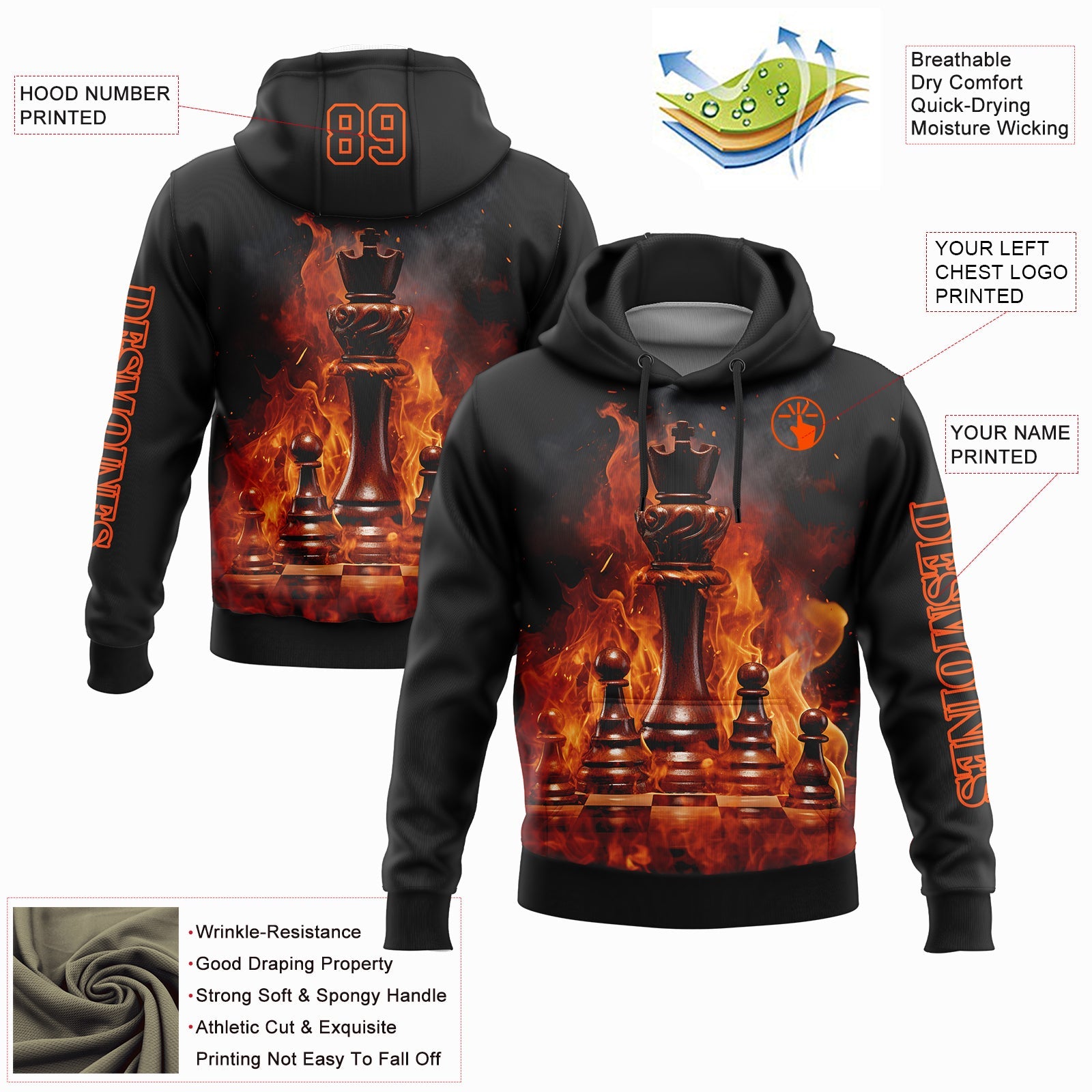 Custom Black Orange 3D Flame Chess International Chess Day Sports Pullover Sweatshirt Hoodie view 2
