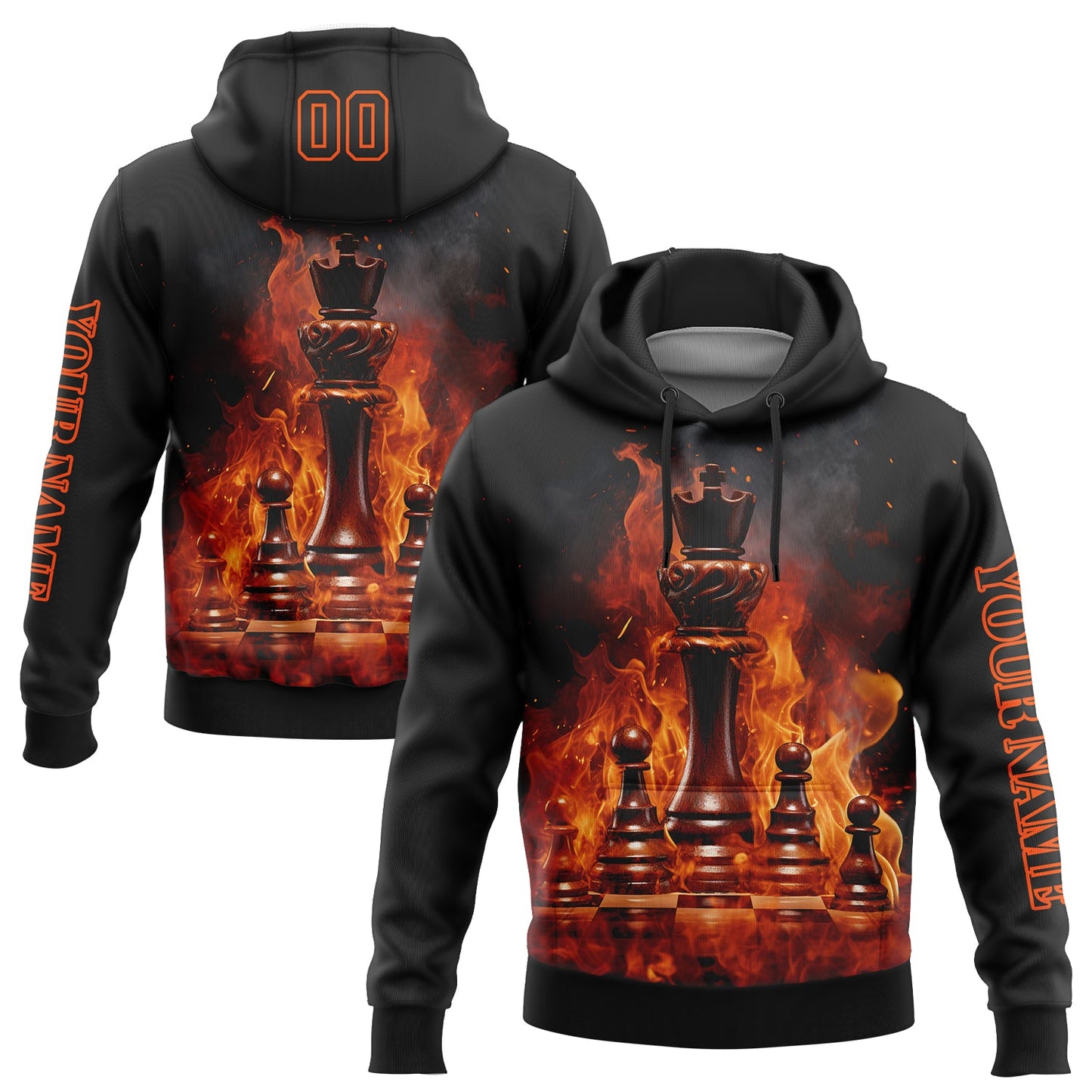 Custom Black Orange 3D Flame Chess International Chess Day Sports Pullover Sweatshirt Hoodie - Main View