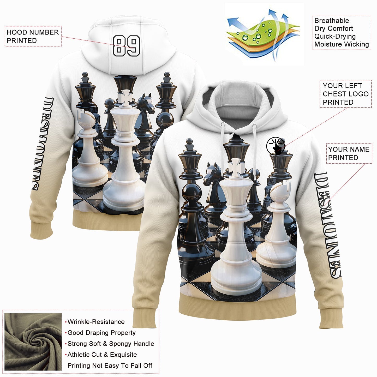 Custom White Vegas Gold-Black 3D Chess International Chess Day Sports Pullover Sweatshirt Hoodie view 2