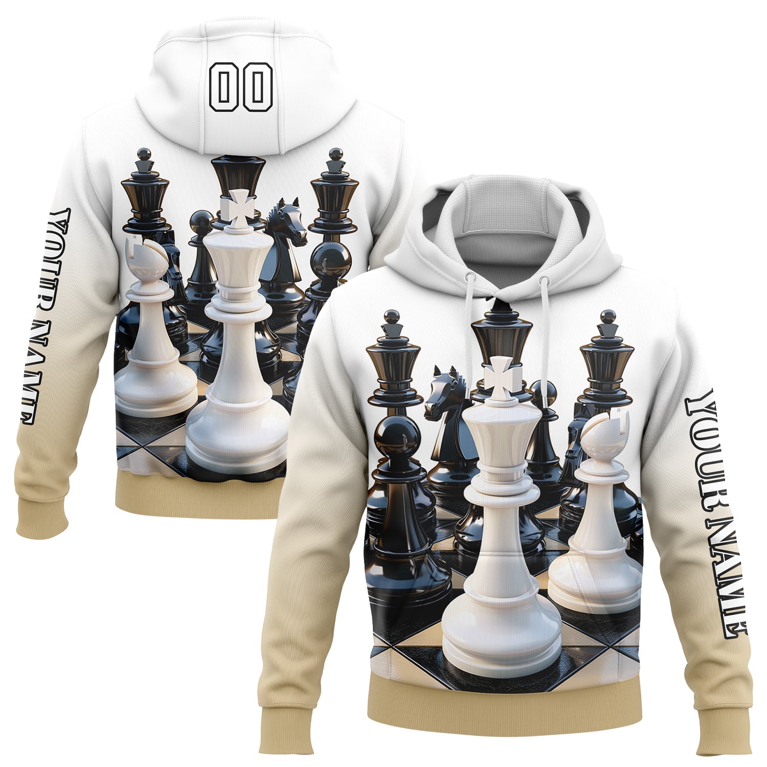 Custom White Vegas Gold-Black 3D Chess International Chess Day Sports Pullover Sweatshirt Hoodie - Main View