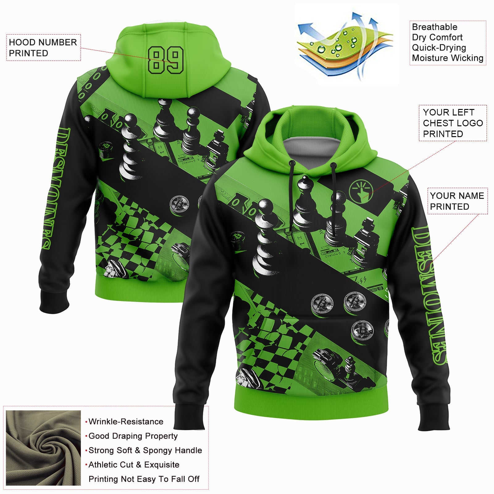 Custom Aurora Green Black 3D Chess International Chess Day Sports Pullover Sweatshirt Hoodie view 2