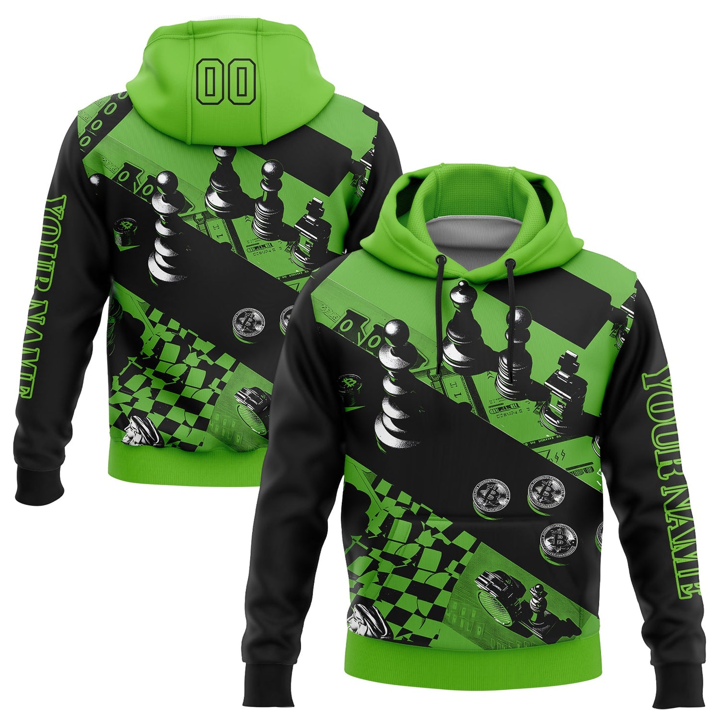 Custom Aurora Green Black 3D Chess International Chess Day Sports Pullover Sweatshirt Hoodie - Main View