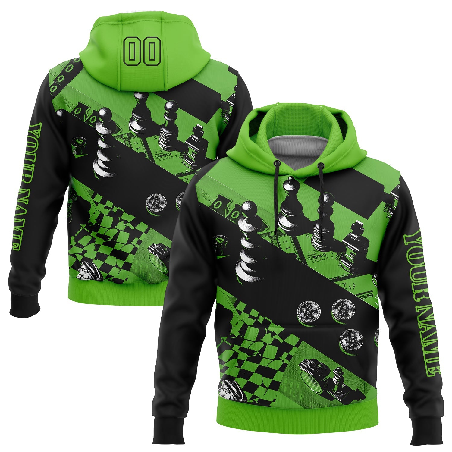 Custom Aurora Green Black 3D Chess International Chess Day Sports Pullover Sweatshirt Hoodie - Main View