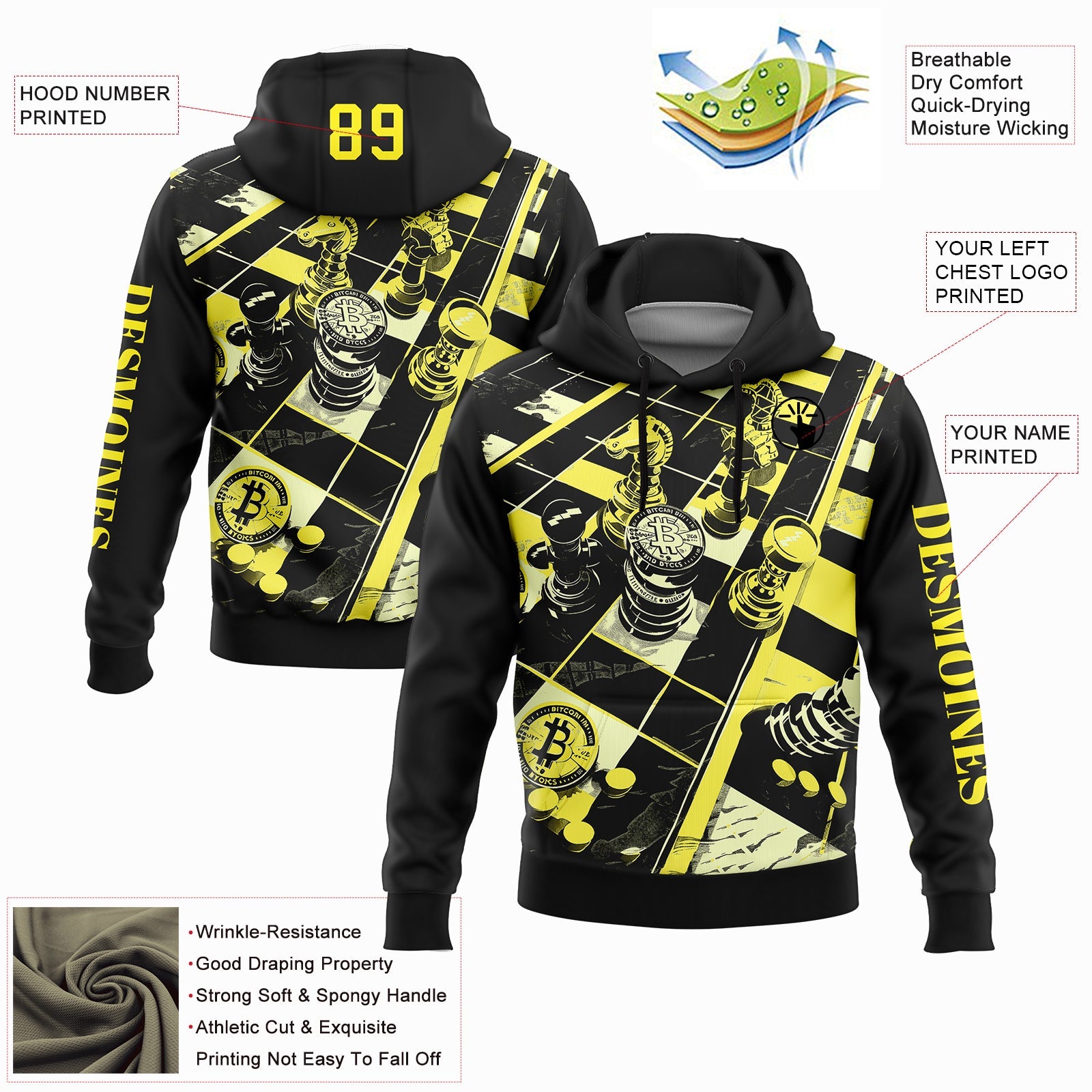 Custom Black Light Yellow 3D Chess International Chess Day Sports Pullover Sweatshirt Hoodie view 2