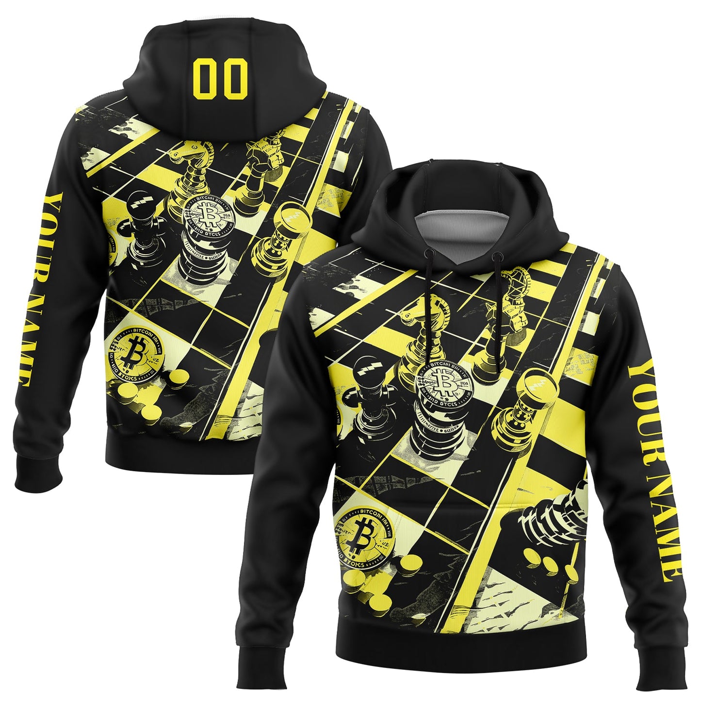 Custom Black Light Yellow 3D Chess International Chess Day Sports Pullover Sweatshirt Hoodie - Main View