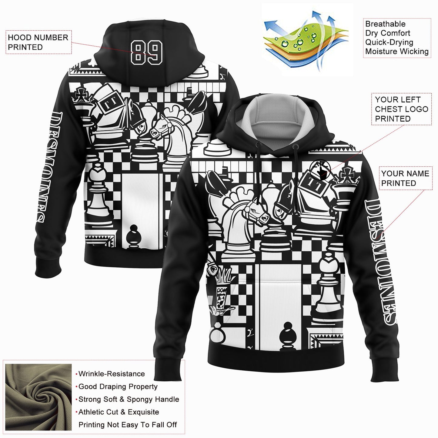 Custom Black White 3D Chess International Chess Day Sports Pullover Sweatshirt Hoodie view 2