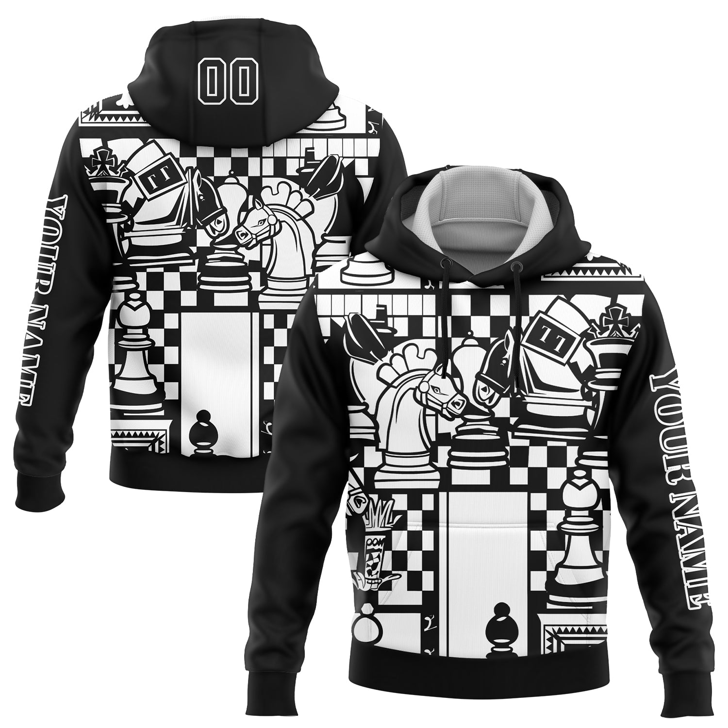 Custom Black White 3D Chess International Chess Day Sports Pullover Sweatshirt Hoodie - Main View