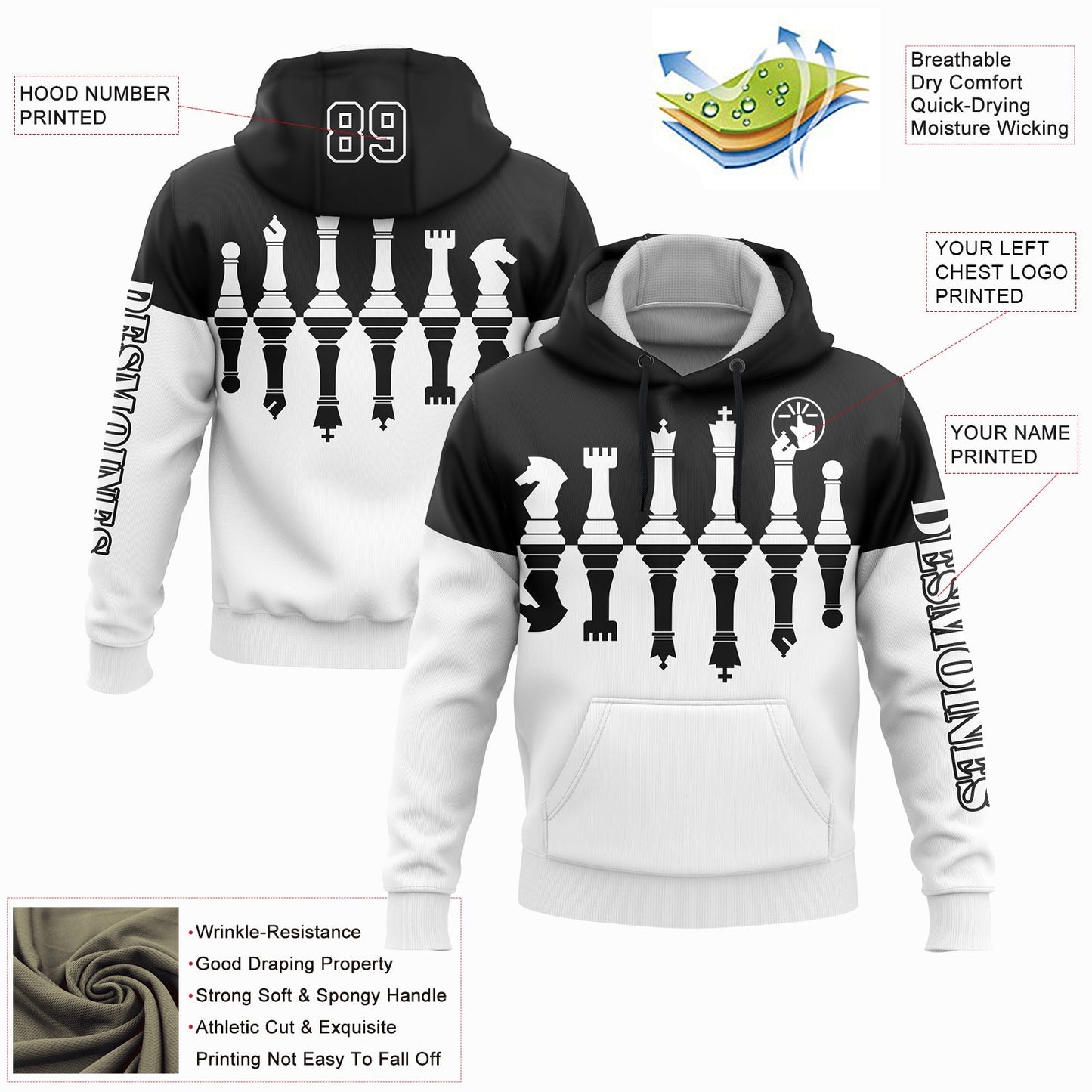 Custom Black White 3D Chess International Chess Day Sports Pullover Sweatshirt Hoodie view 2