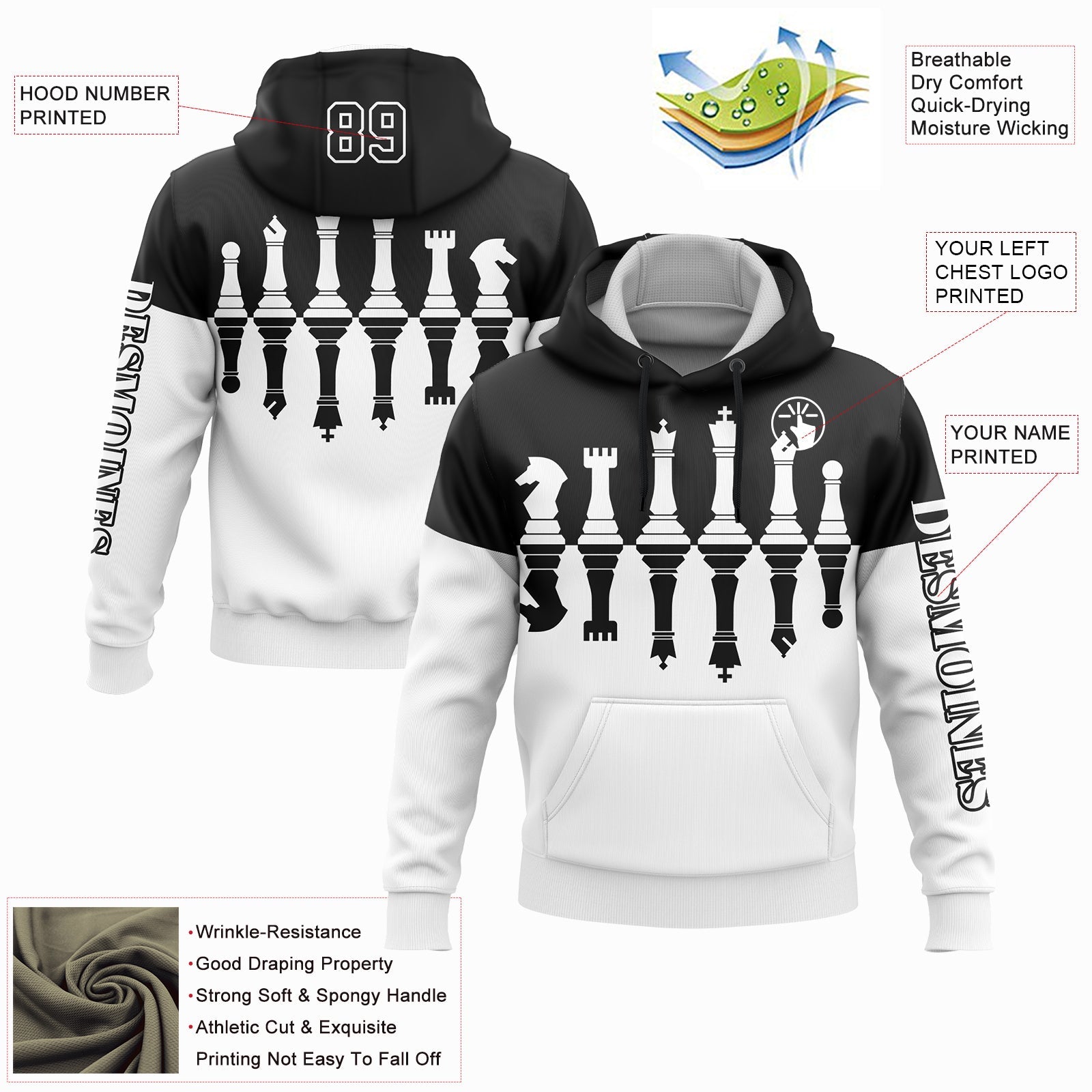 Custom Black White 3D Chess International Chess Day Sports Pullover Sweatshirt Hoodie view 2