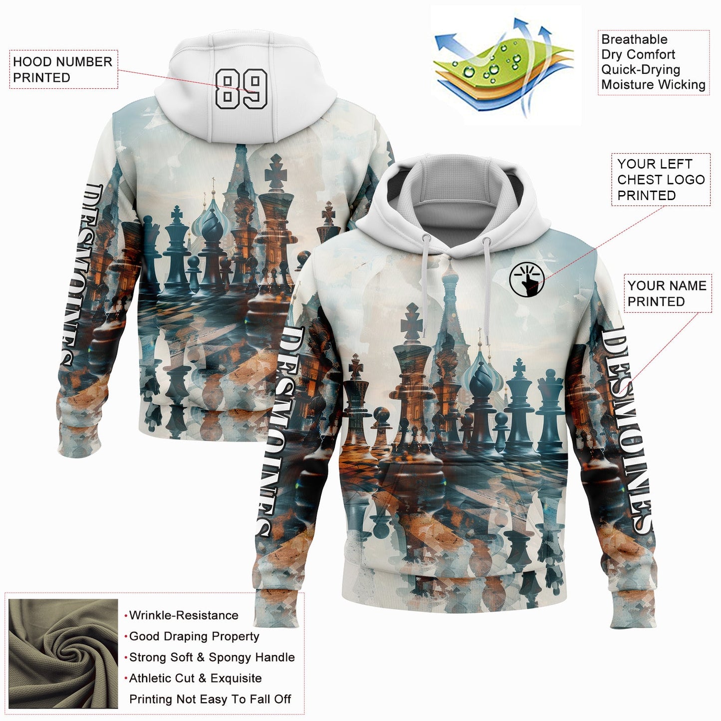 Custom White Black 3D Chess International Chess Day Sports Pullover Sweatshirt Hoodie view 2
