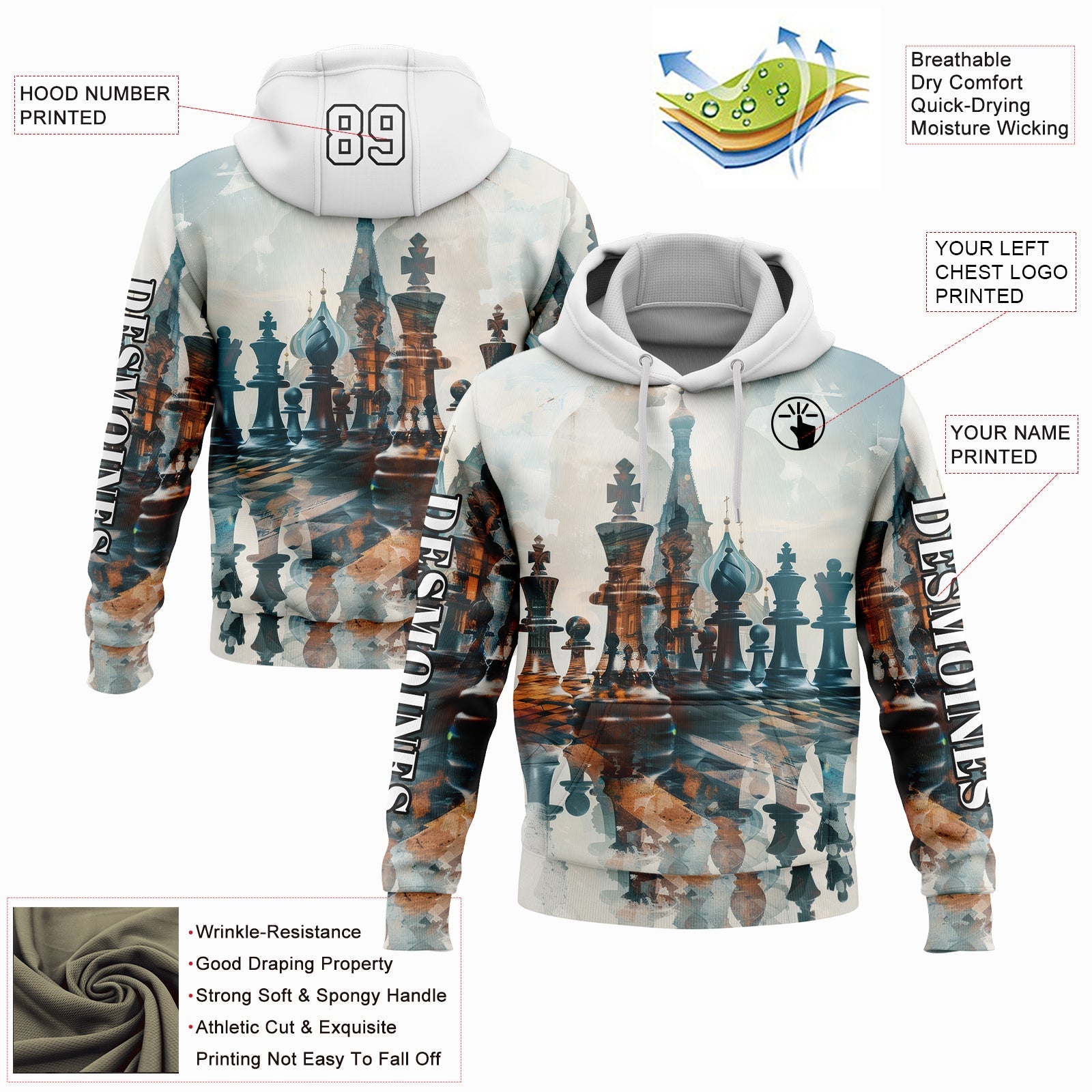 Custom White Black 3D Chess International Chess Day Sports Pullover Sweatshirt Hoodie view 2