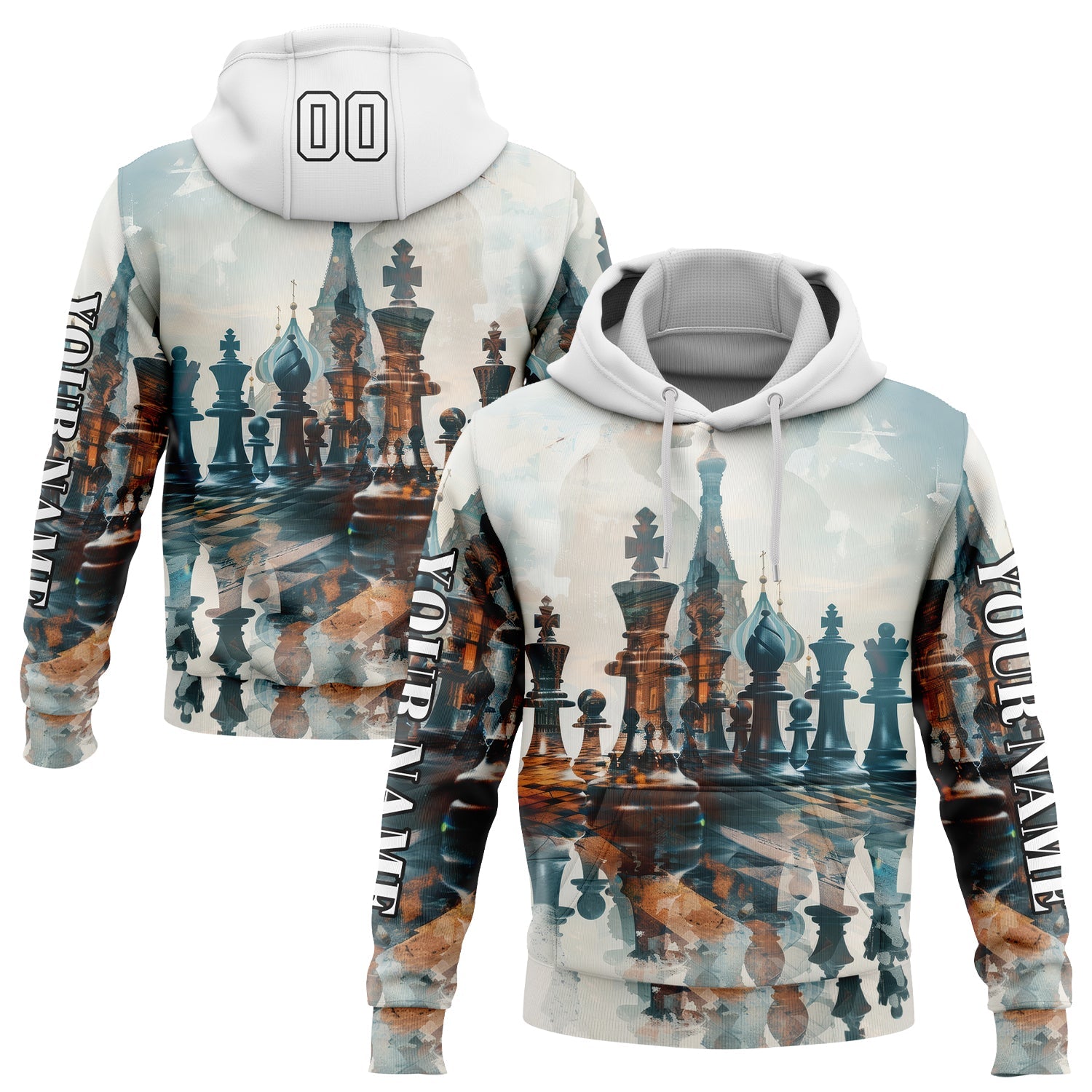 Custom White Black 3D Chess International Chess Day Sports Pullover Sweatshirt Hoodie - Main View