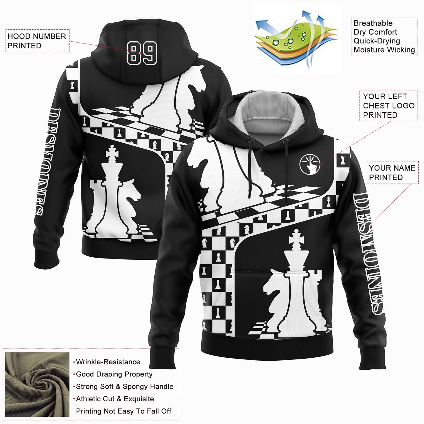 Custom Black White 3D Chess International Chess Day Sports Pullover Sweatshirt Hoodie view 2