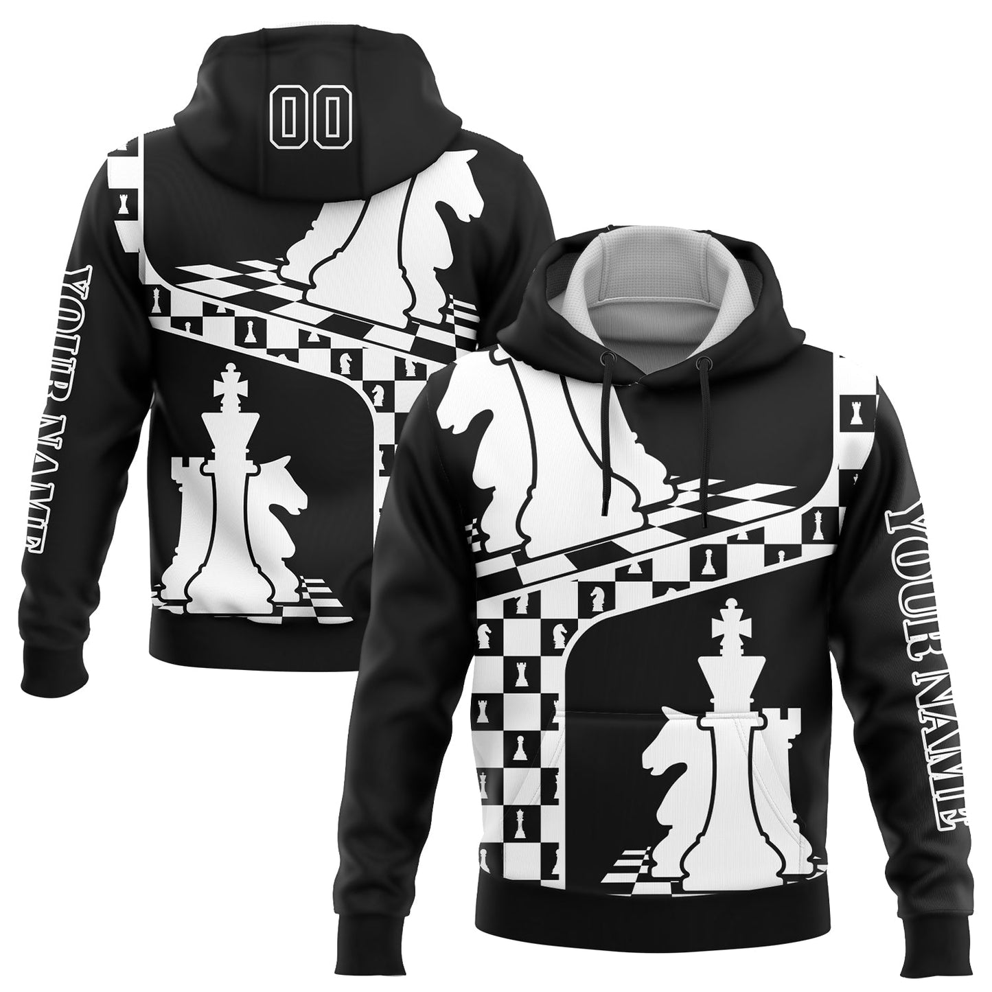 Custom Black White 3D Chess International Chess Day Sports Pullover Sweatshirt Hoodie - Main View