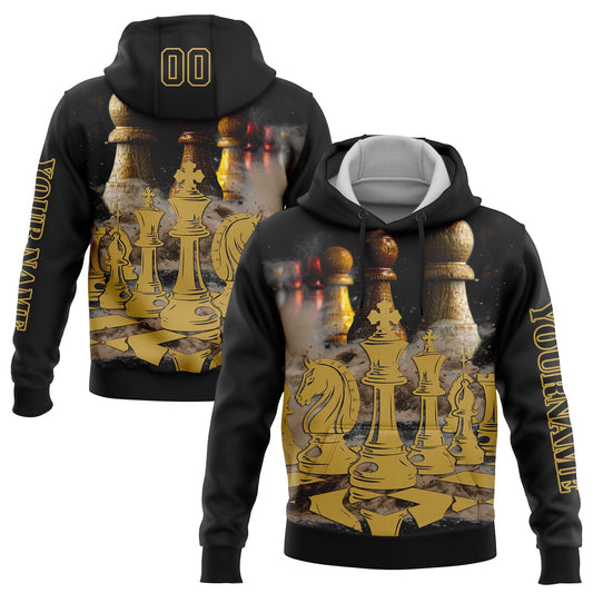 Custom Black Old Gold 3D Chess International Chess Day Sports Pullover Sweatshirt Hoodie - Main View
