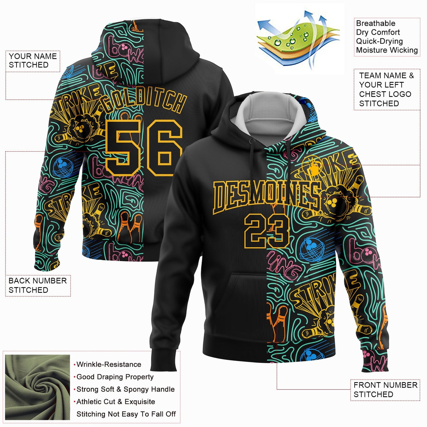 Custom Stitched Black Gold 3D Bowling Sports Pullover Sweatshirt Hoodie view 2