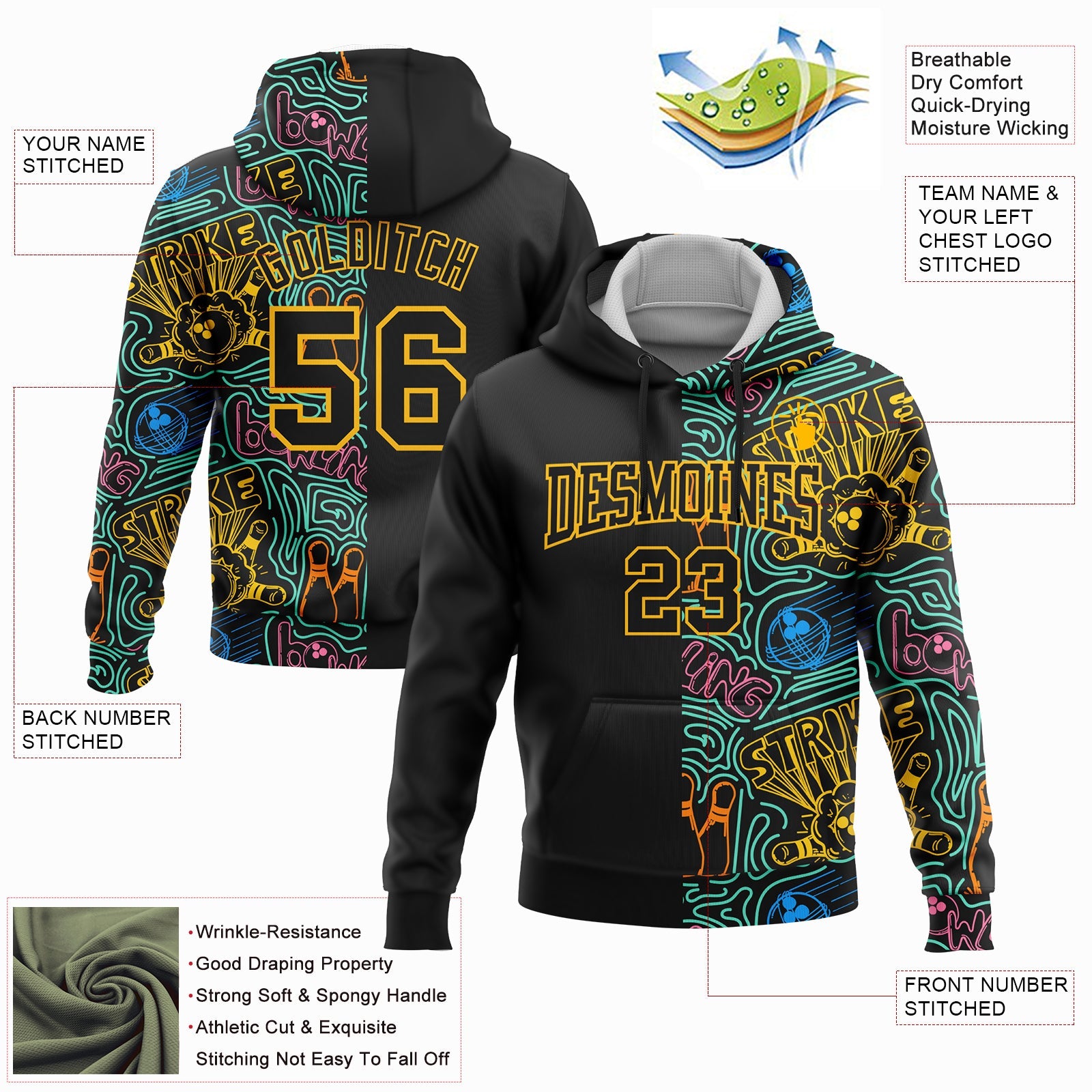 Custom Stitched Black Gold 3D Bowling Sports Pullover Sweatshirt Hoodie view 2