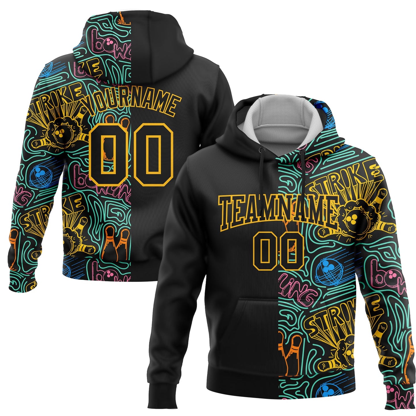 Custom Stitched Black Gold 3D Bowling Sports Pullover Sweatshirt Hoodie - Main View