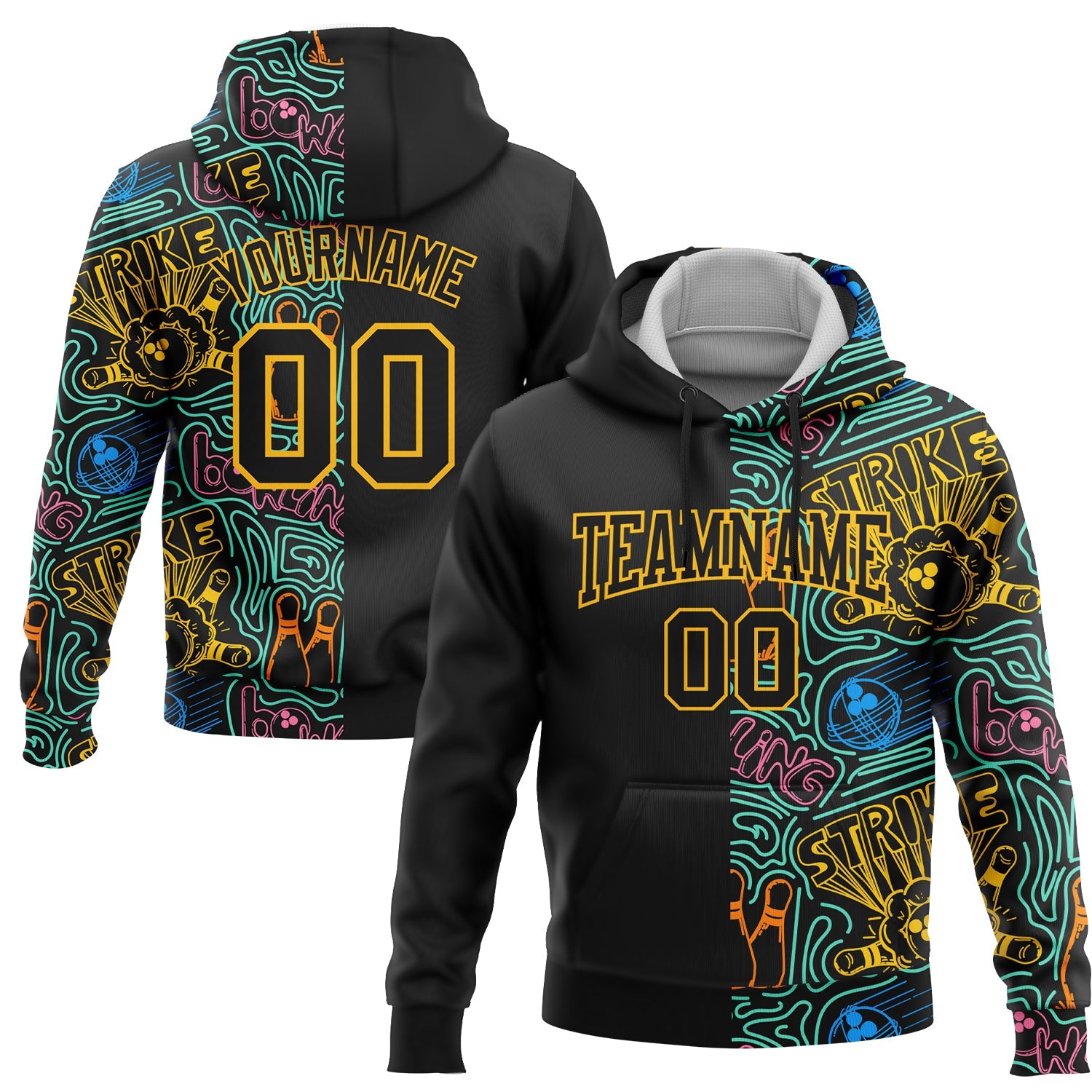 Custom Stitched Black Gold 3D Bowling Sports Pullover Sweatshirt Hoodie - Main View