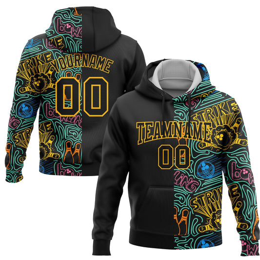 Custom Stitched Black Gold 3D Bowling Sports Pullover Sweatshirt Hoodie - Main View